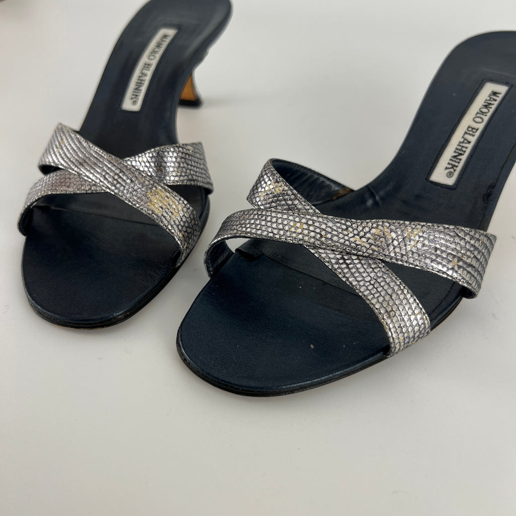 Manolo Blahnik | Vintage Metallic Snake Embossed Dark Navy Leather Cross Strap Mule (37)