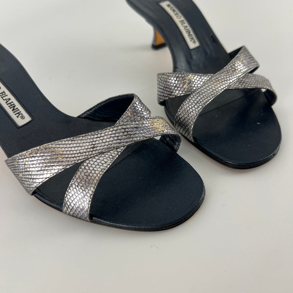 Manolo Blahnik | Vintage Metallic Snake Embossed Dark Navy Leather Cross Strap Mule (37)