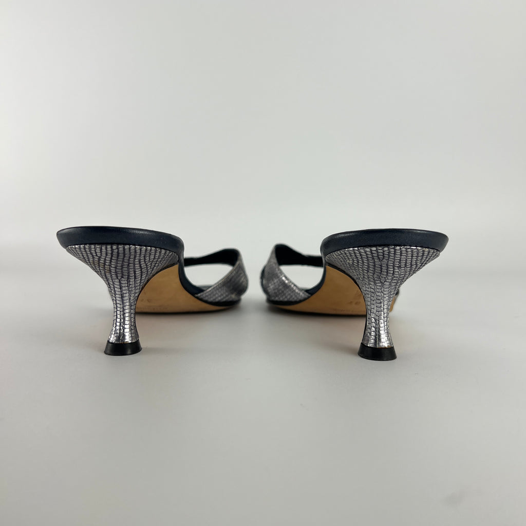 Manolo Blahnik | Vintage Metallic Snake Embossed Dark Navy Leather Cross Strap Mule (37)