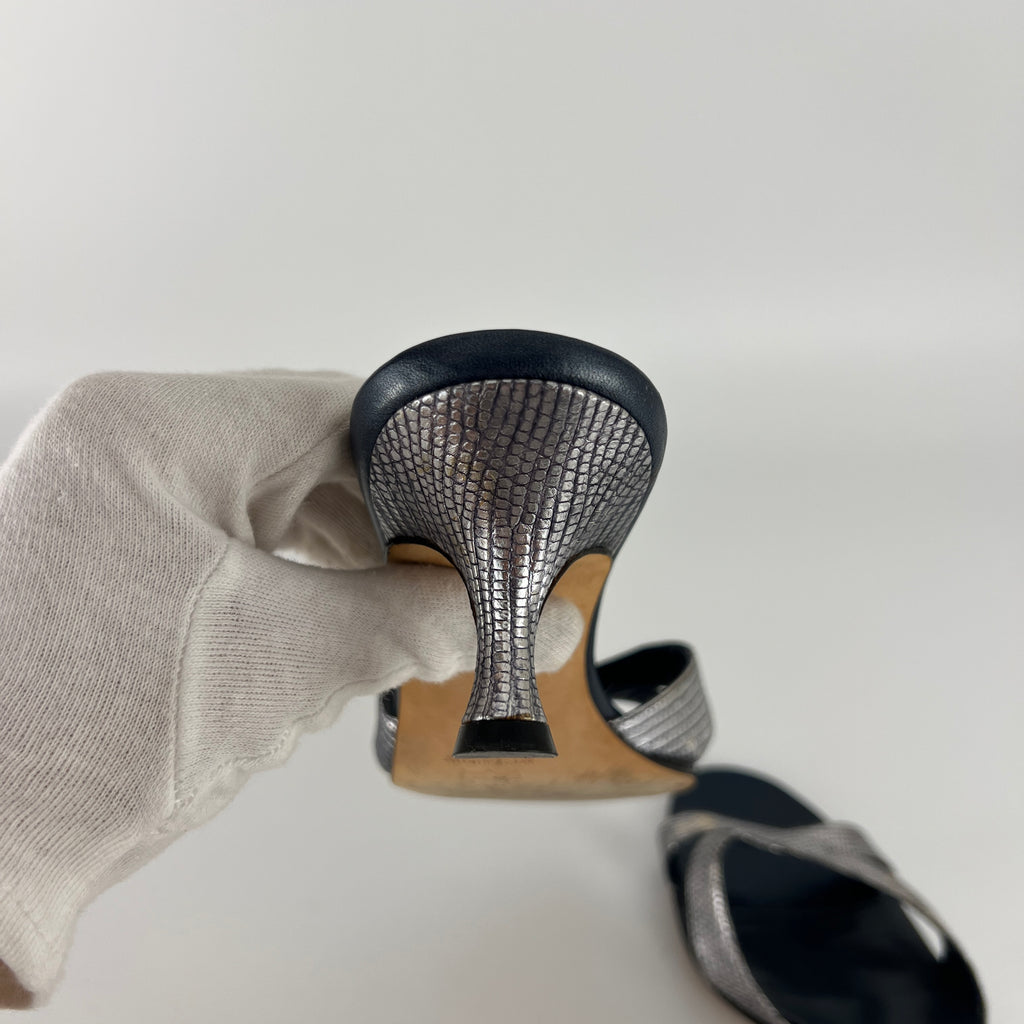 Manolo Blahnik | Vintage Metallic Snake Embossed Dark Navy Leather Cross Strap Mule (37)