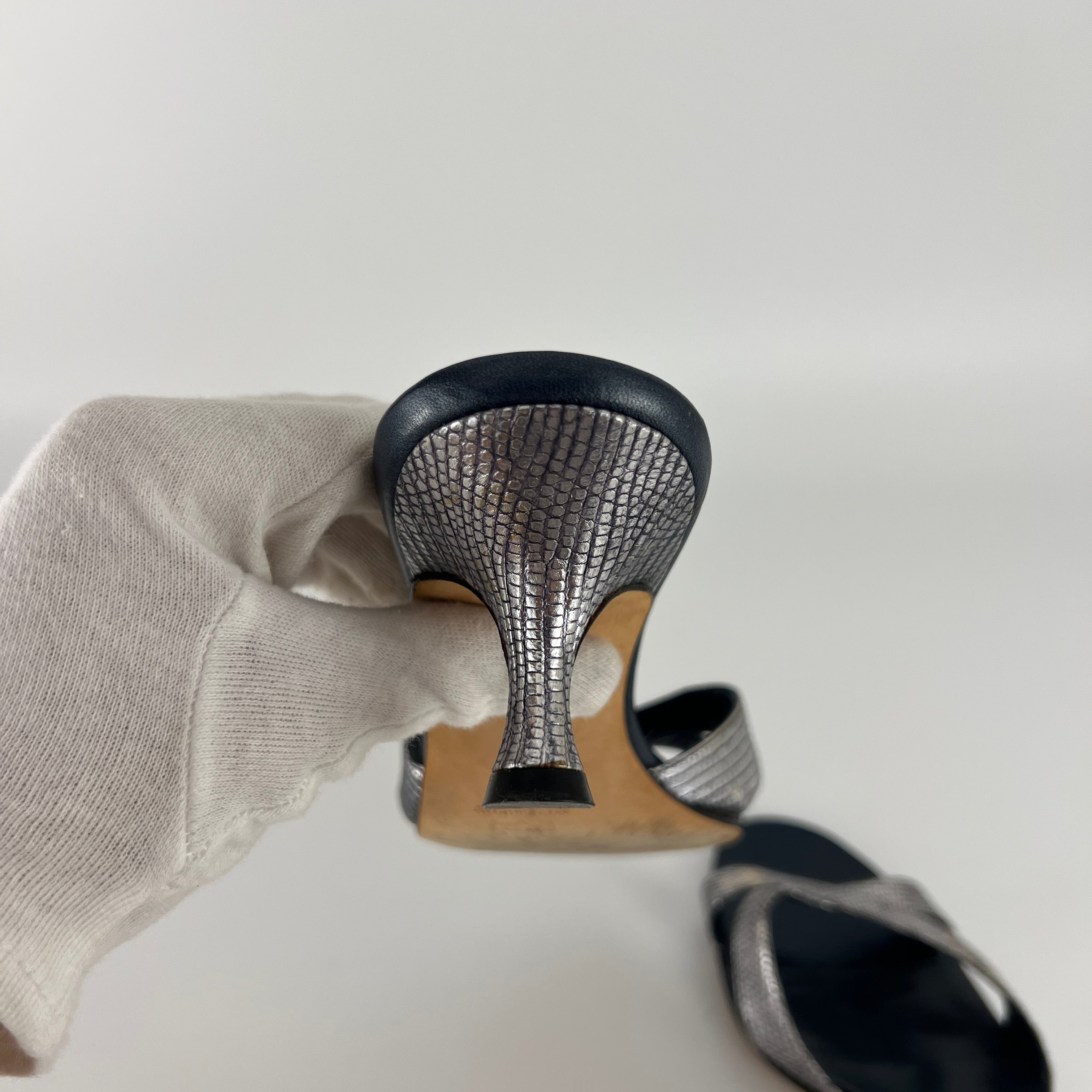 Manolo Blahnik | Vintage Metallic Snake Embossed Dark Navy Leather Cross Strap Mule (37)