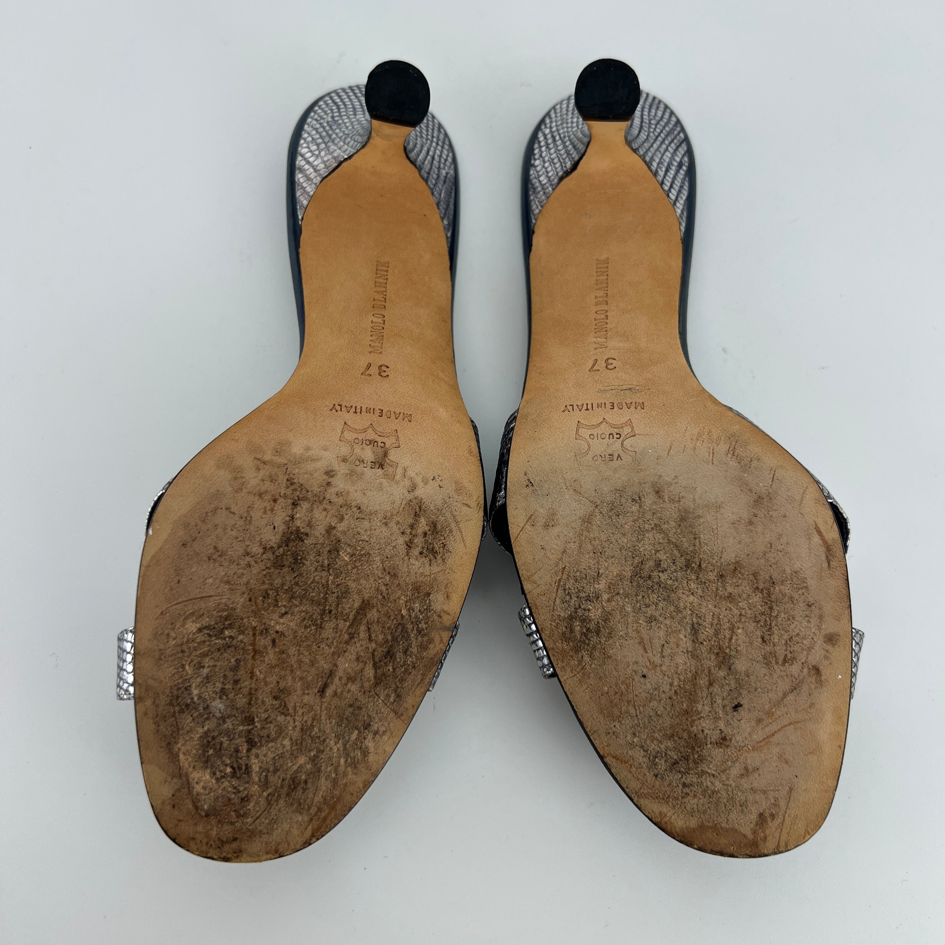 Manolo Blahnik | Vintage Metallic Snake Embossed Dark Navy Leather Cross Strap Mule (37)
