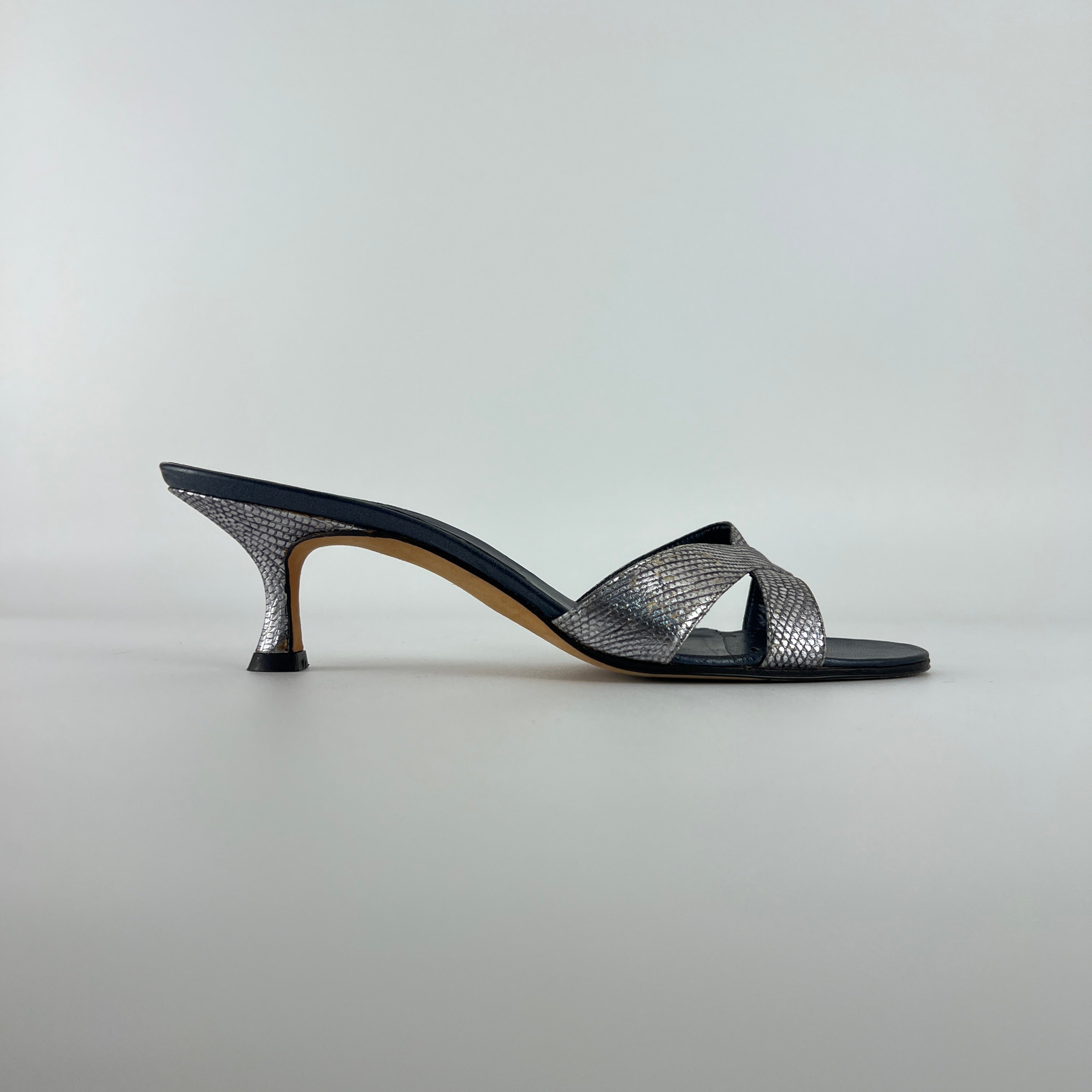 Manolo Blahnik | Vintage Metallic Snake Embossed Dark Navy Leather Cross Strap Mule (37)