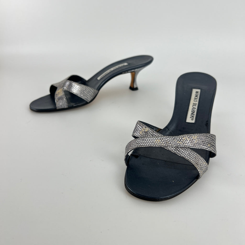 Manolo Blahnik | Vintage Metallic Snake Embossed Dark Navy Leather Cross Strap Mule (37)