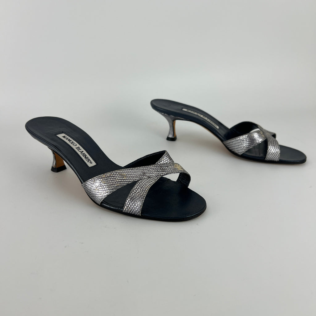 Manolo Blahnik | Vintage Metallic Snake Embossed Dark Navy Leather Cross Strap Mule (37)