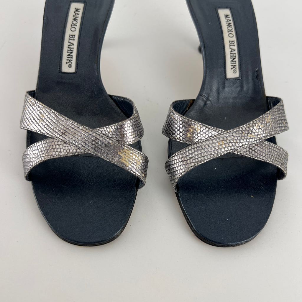 Manolo Blahnik | Vintage Metallic Snake Embossed Dark Navy Leather Cross Strap Mule (37)