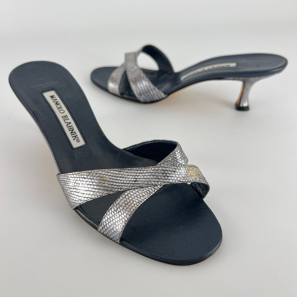 Manolo Blahnik | Vintage Metallic Snake Embossed Dark Navy Leather Cross Strap Mule (37)