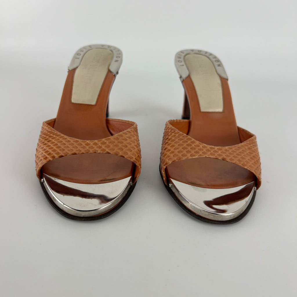 Louis Vuitton | Orange Python Leather Silver Mirror Slide Mules (36.5)