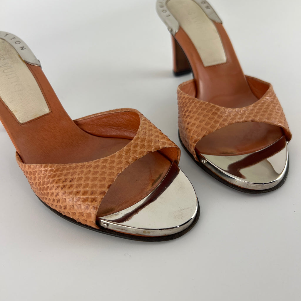 Louis Vuitton | Orange Python Leather Silver Mirror Slide Mules (36.5)