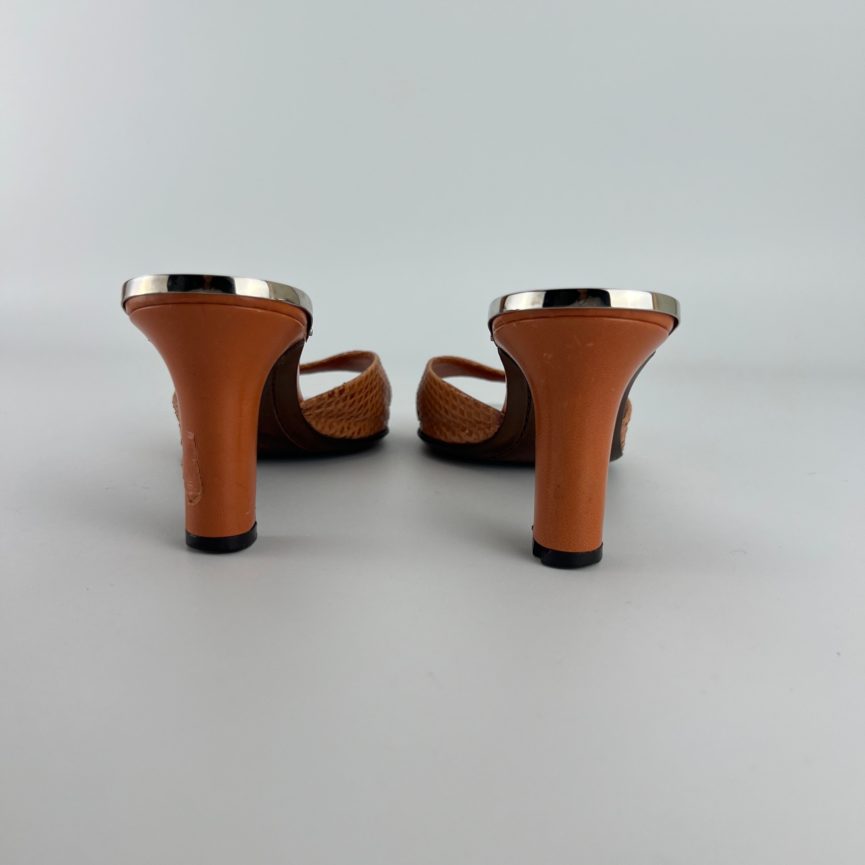 Louis Vuitton | Orange Python Leather Silver Mirror Slide Mules (36.5)