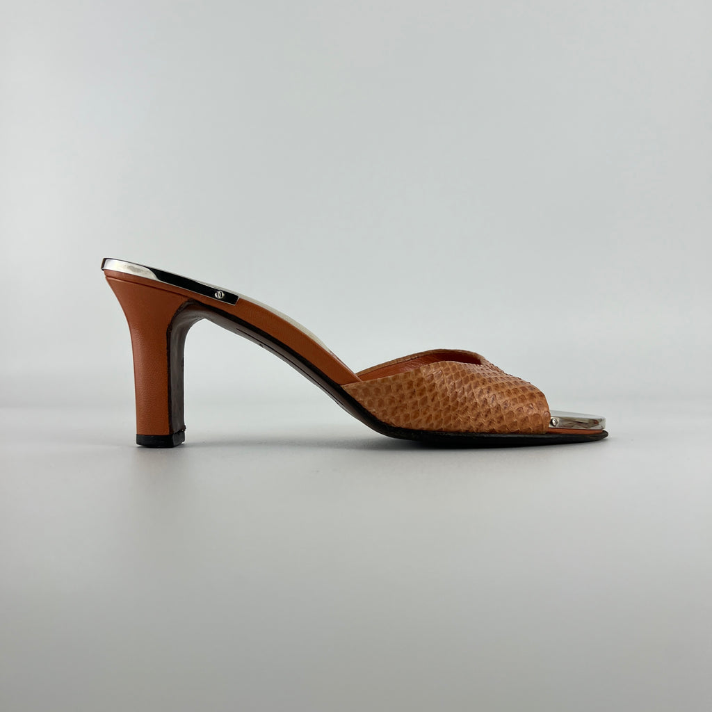 Louis Vuitton | Orange Python Leather Silver Mirror Slide Mules (36.5)