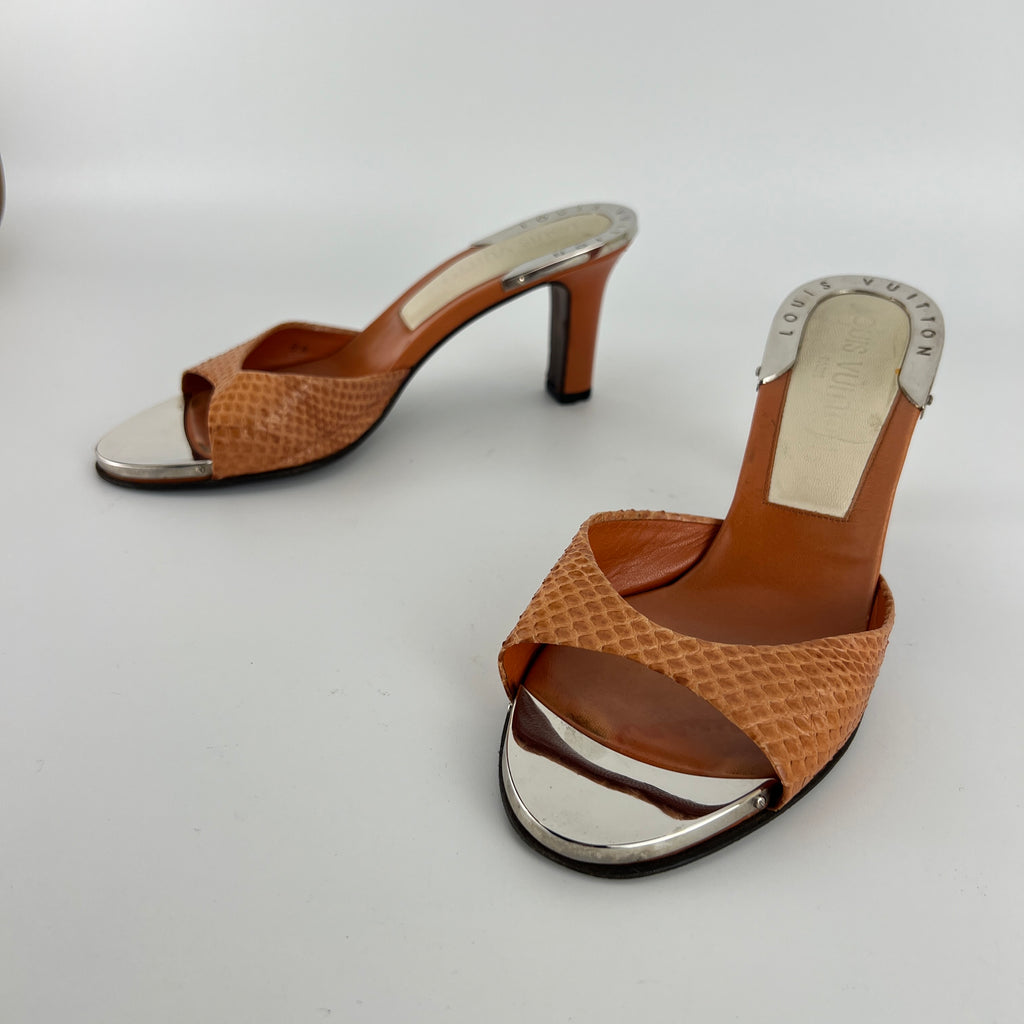 Louis Vuitton | Orange Python Leather Silver Mirror Slide Mules (36.5)