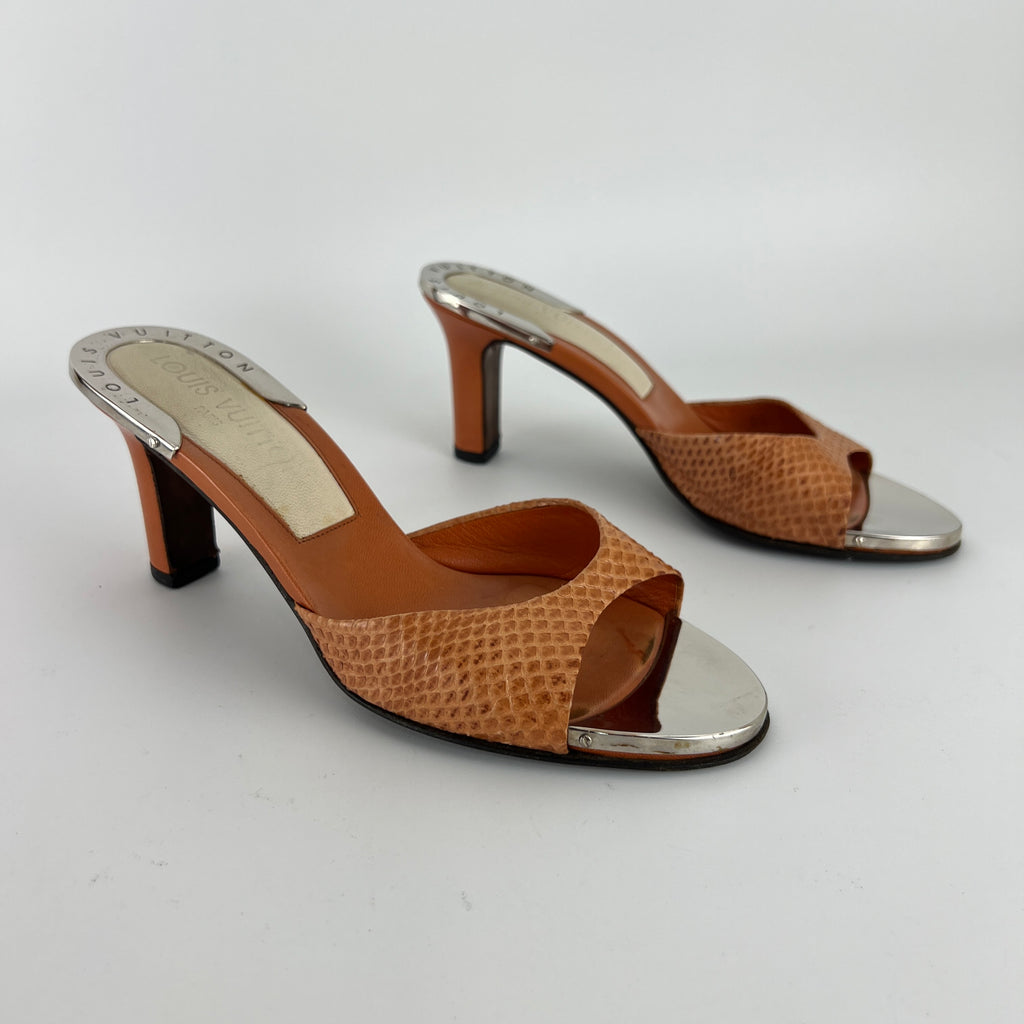 Louis Vuitton | Orange Python Leather Silver Mirror Slide Mules (36.5)