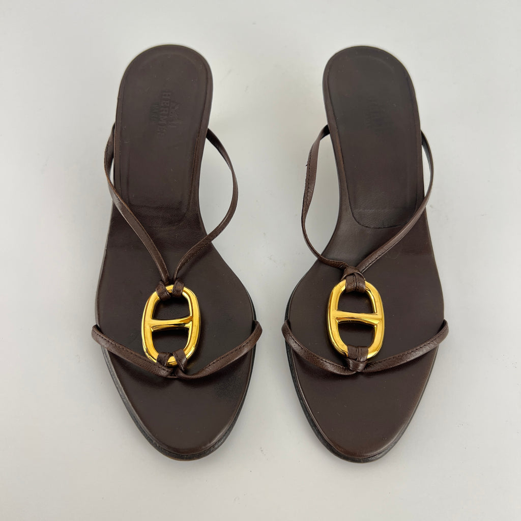 Hermes | Kala Brown Leather Gold Chaine d'Ancre Kitten Heel Sandal Mules (35)