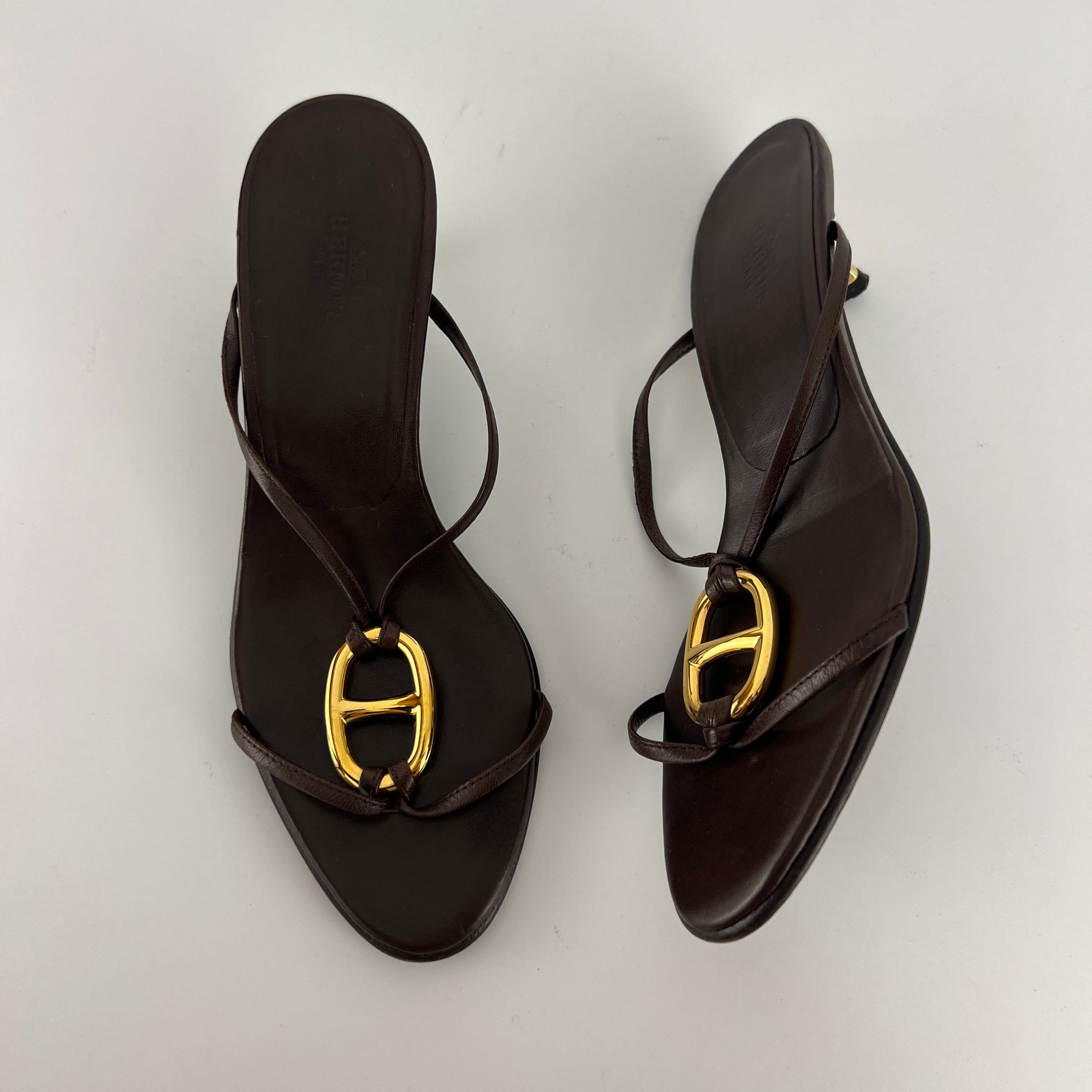 Hermes | Kala Brown Leather Gold Chaine d'Ancre Kitten Heel Sandal Mules (35)