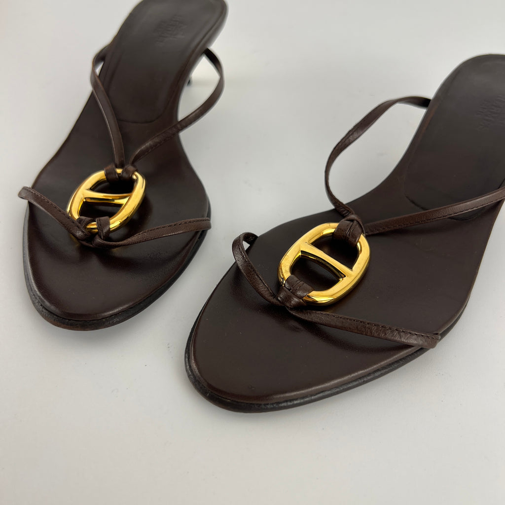 Hermes | Kala Brown Leather Gold Chaine d'Ancre Kitten Heel Sandal Mules (35)