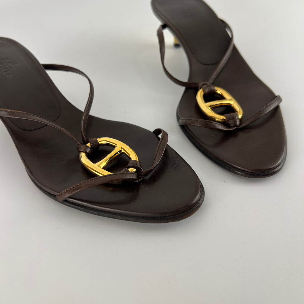 Hermes | Kala Brown Leather Gold Chaine d'Ancre Kitten Heel Sandal Mules (35)