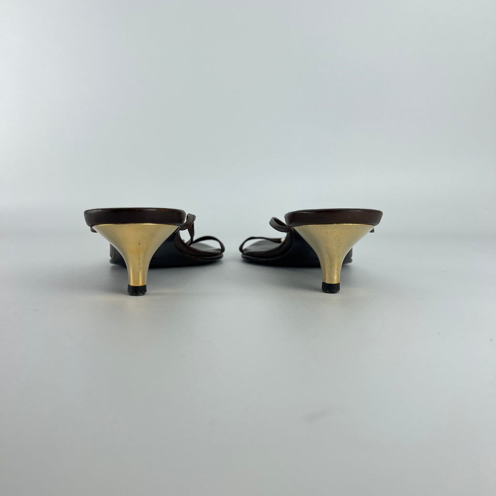Hermes | Kala Brown Leather Gold Chaine d'Ancre Kitten Heel Sandal Mules (35)