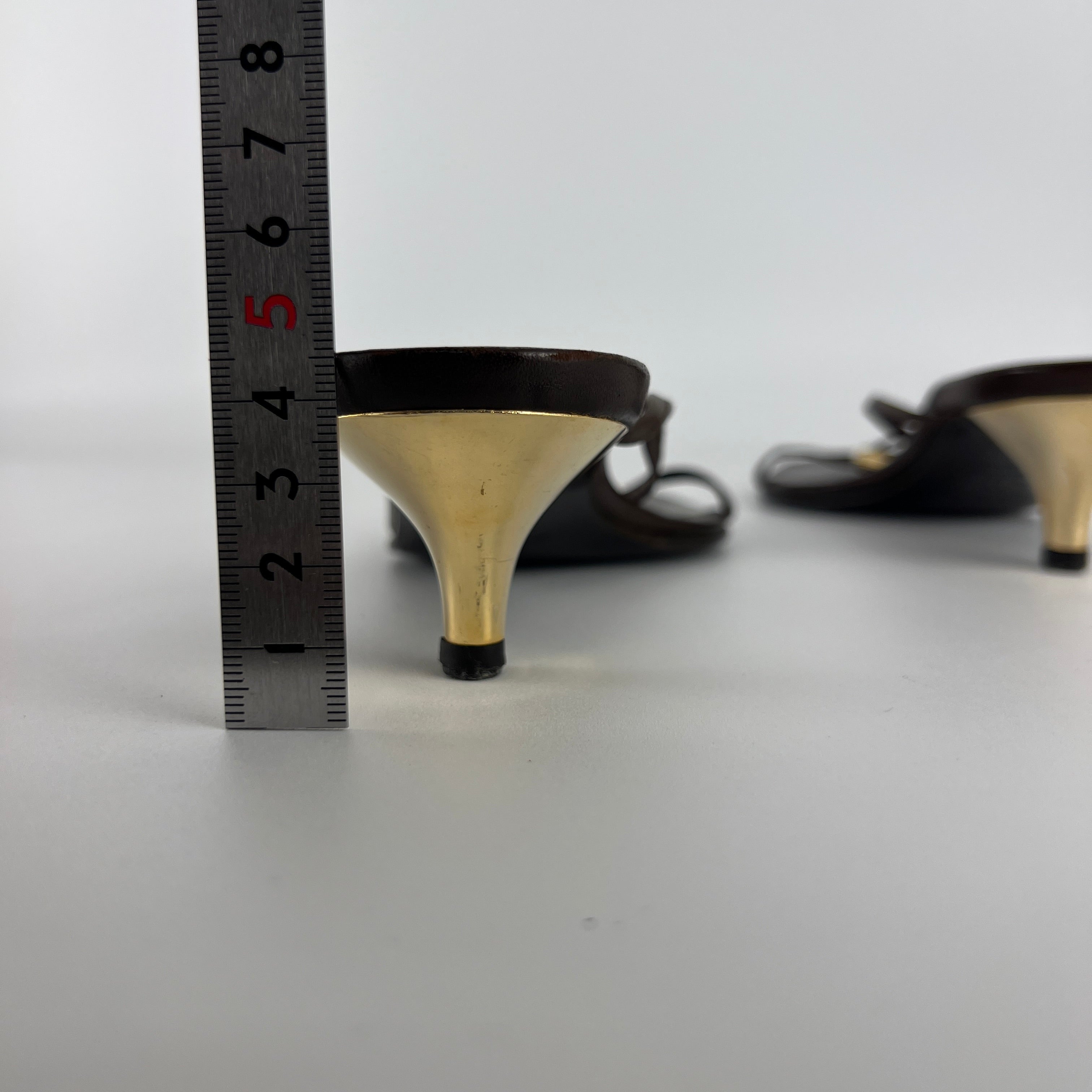 Hermes | Kala Brown Leather Gold Chaine d'Ancre Kitten Heel Sandal Mules (35)