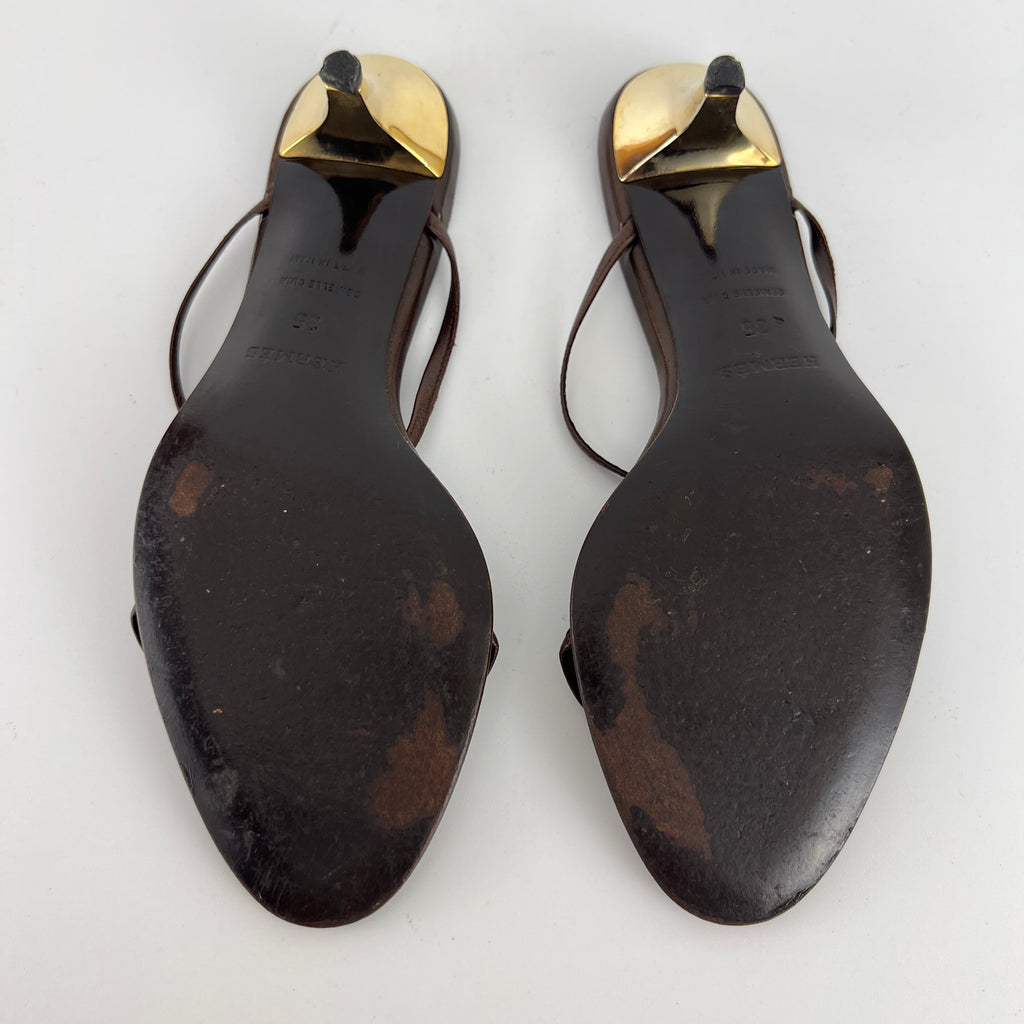 Hermes | Kala Brown Leather Gold Chaine d'Ancre Kitten Heel Sandal Mules (35)