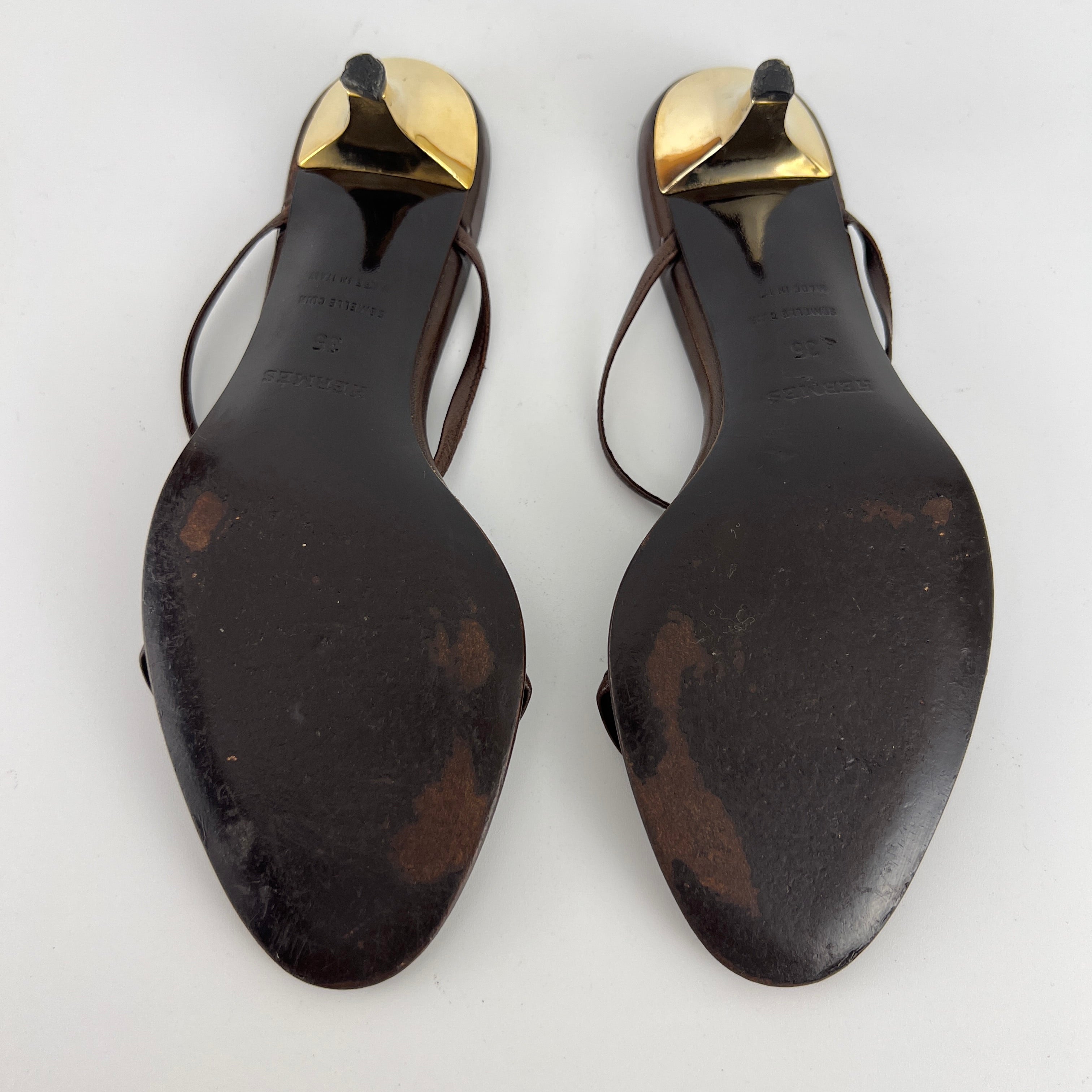 Hermes | Kala Brown Leather Gold Chaine d'Ancre Kitten Heel Sandal Mules (35)