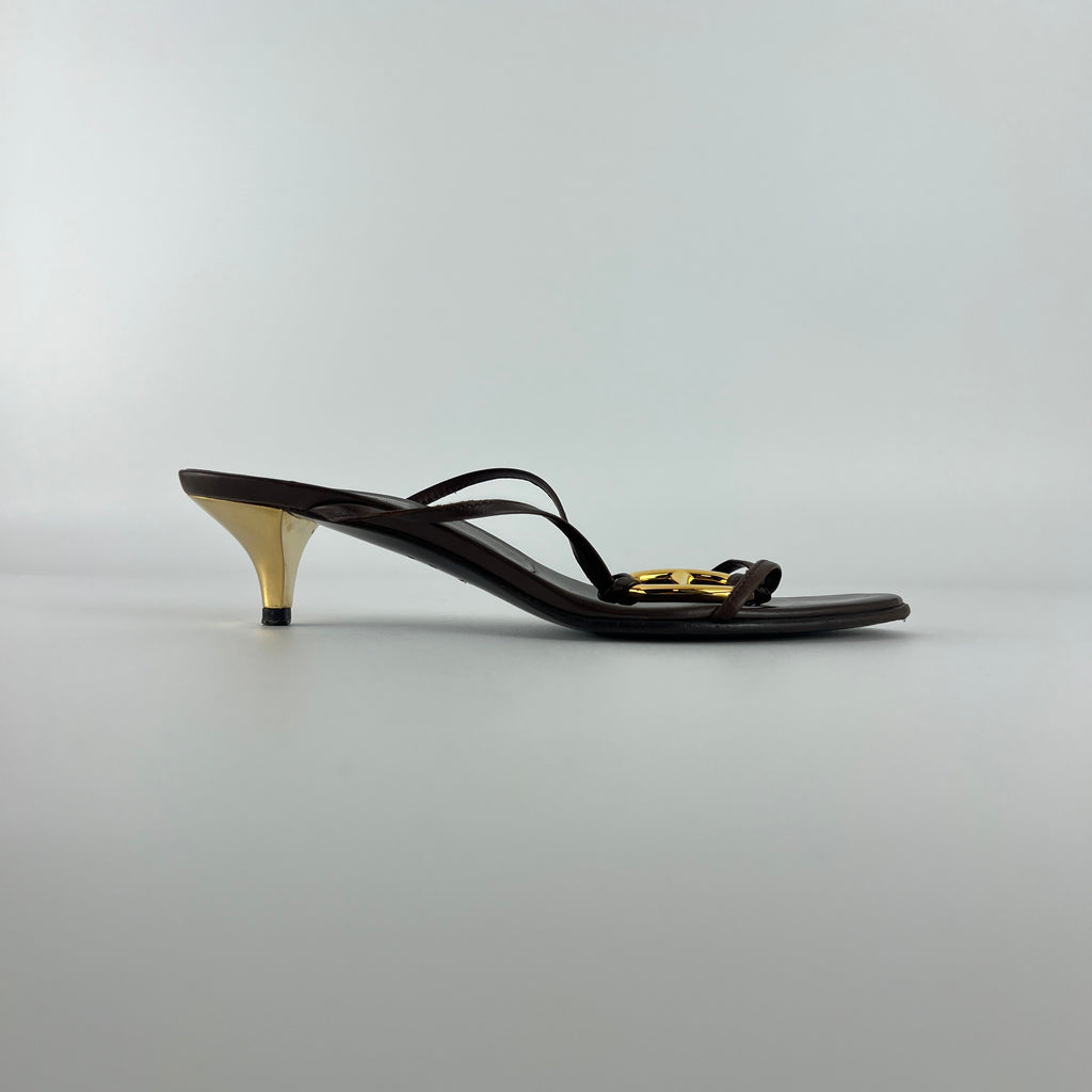 Hermes | Kala Brown Leather Gold Chaine d'Ancre Kitten Heel Sandal Mules (35)