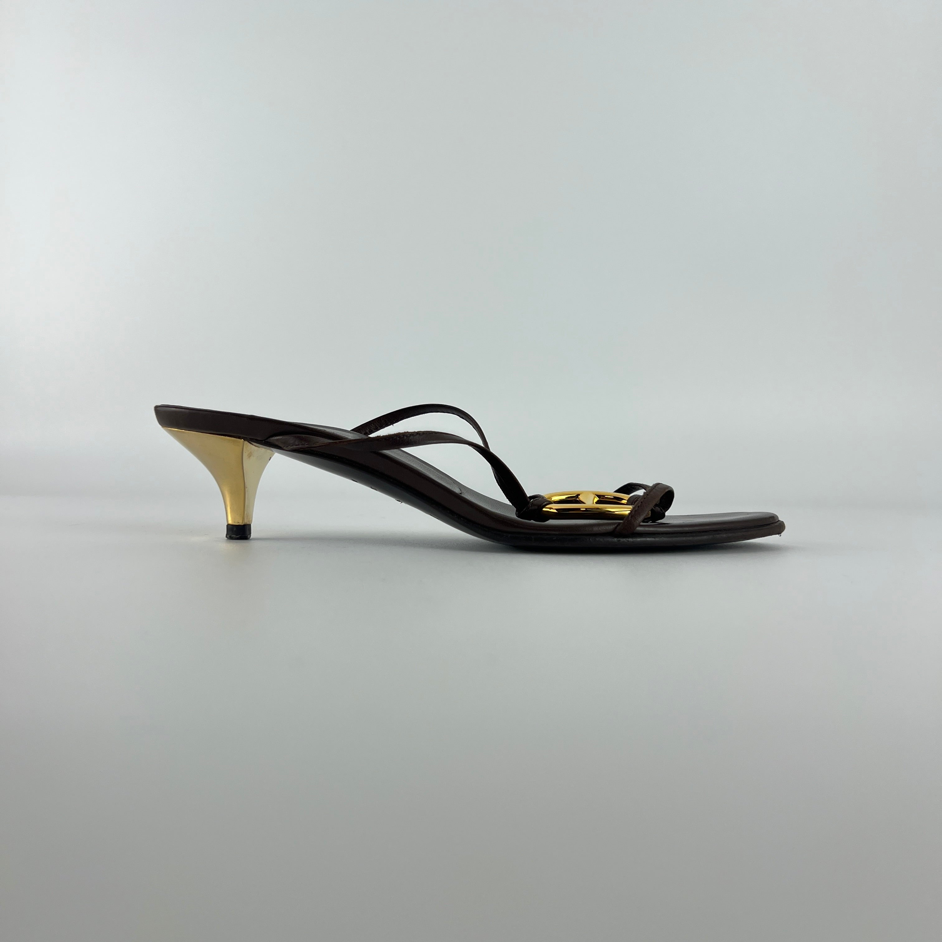 Hermes | Kala Brown Leather Gold Chaine d'Ancre Kitten Heel Sandal Mules (35)