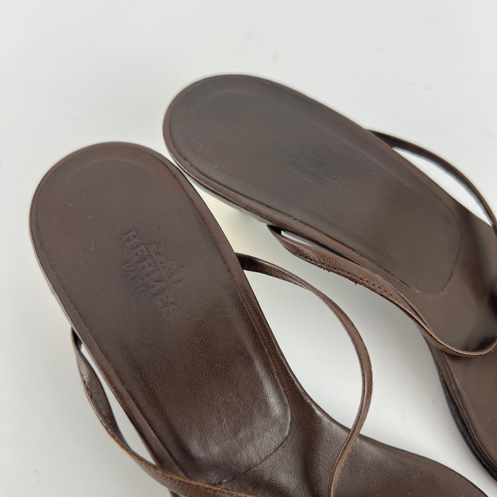 Hermes | Kala Brown Leather Gold Chaine d'Ancre Kitten Heel Sandal Mules (35)