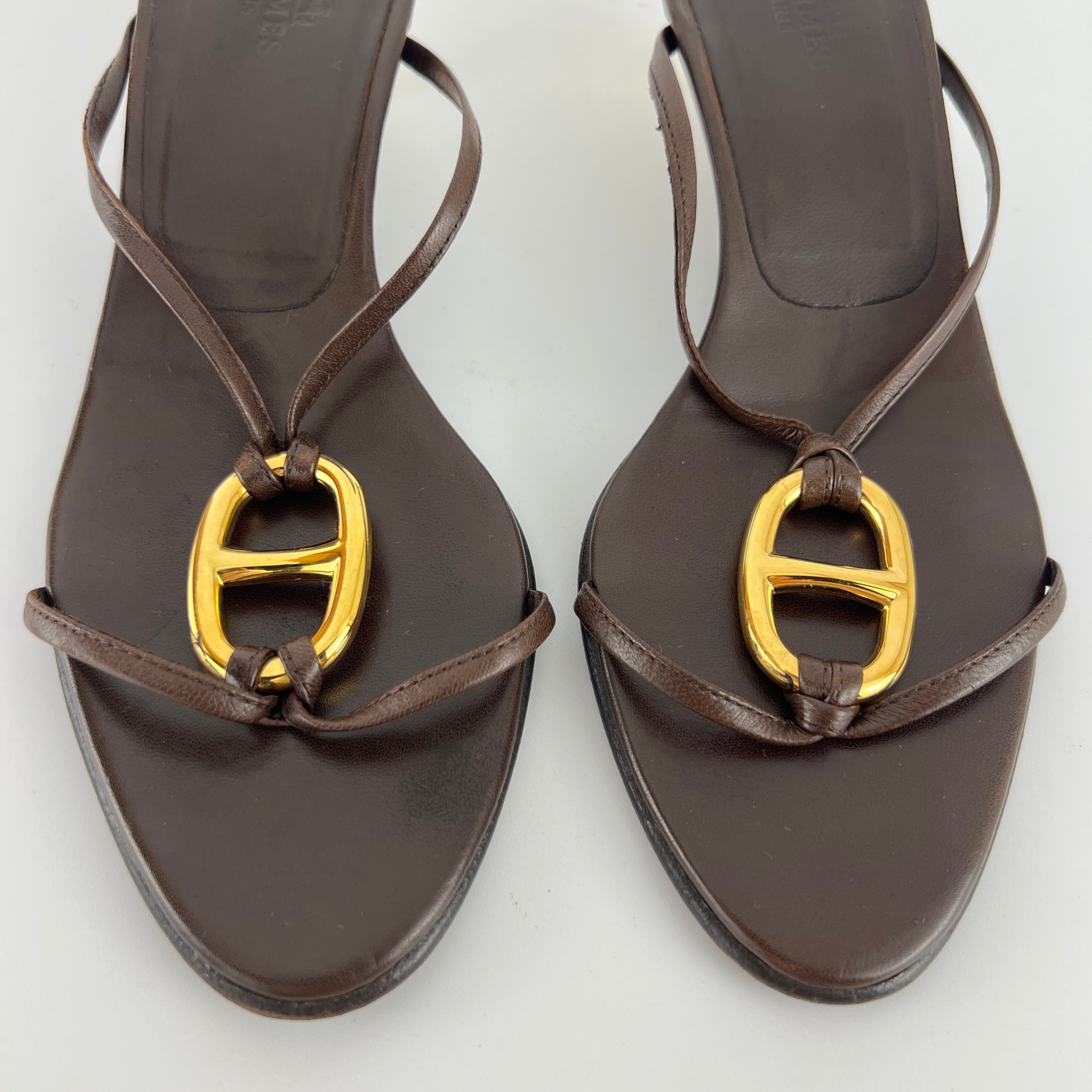 Hermes | Kala Brown Leather Gold Chaine d'Ancre Kitten Heel Sandal Mules (35)