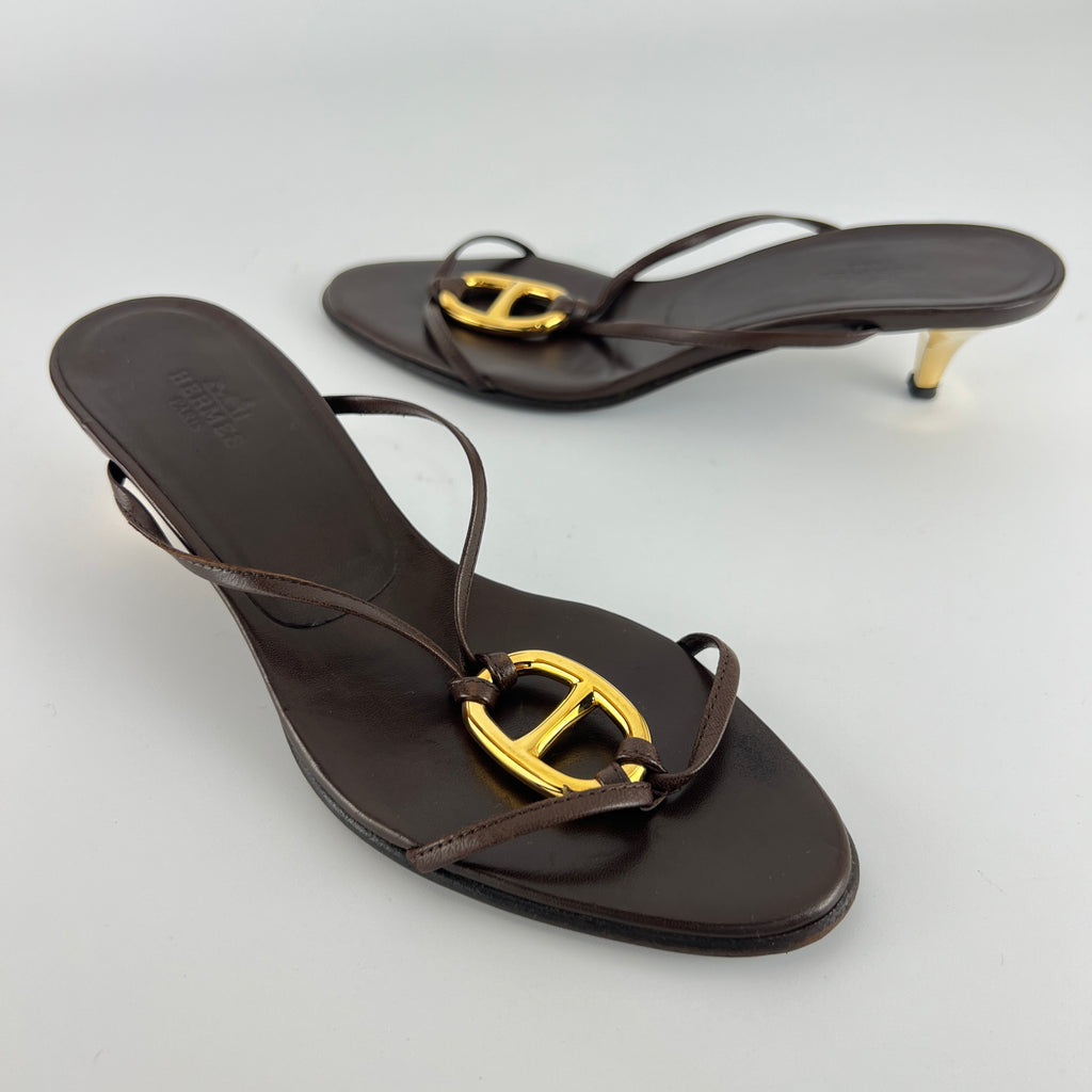 Hermes | Kala Brown Leather Gold Chaine d'Ancre Kitten Heel Sandal Mules (35)