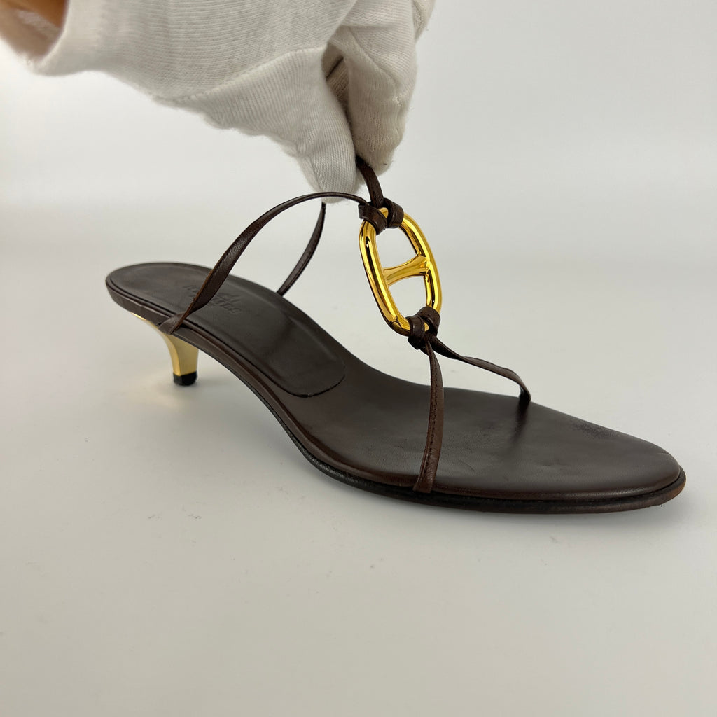 Hermes | Kala Brown Leather Gold Chaine d'Ancre Kitten Heel Sandal Mules (35)