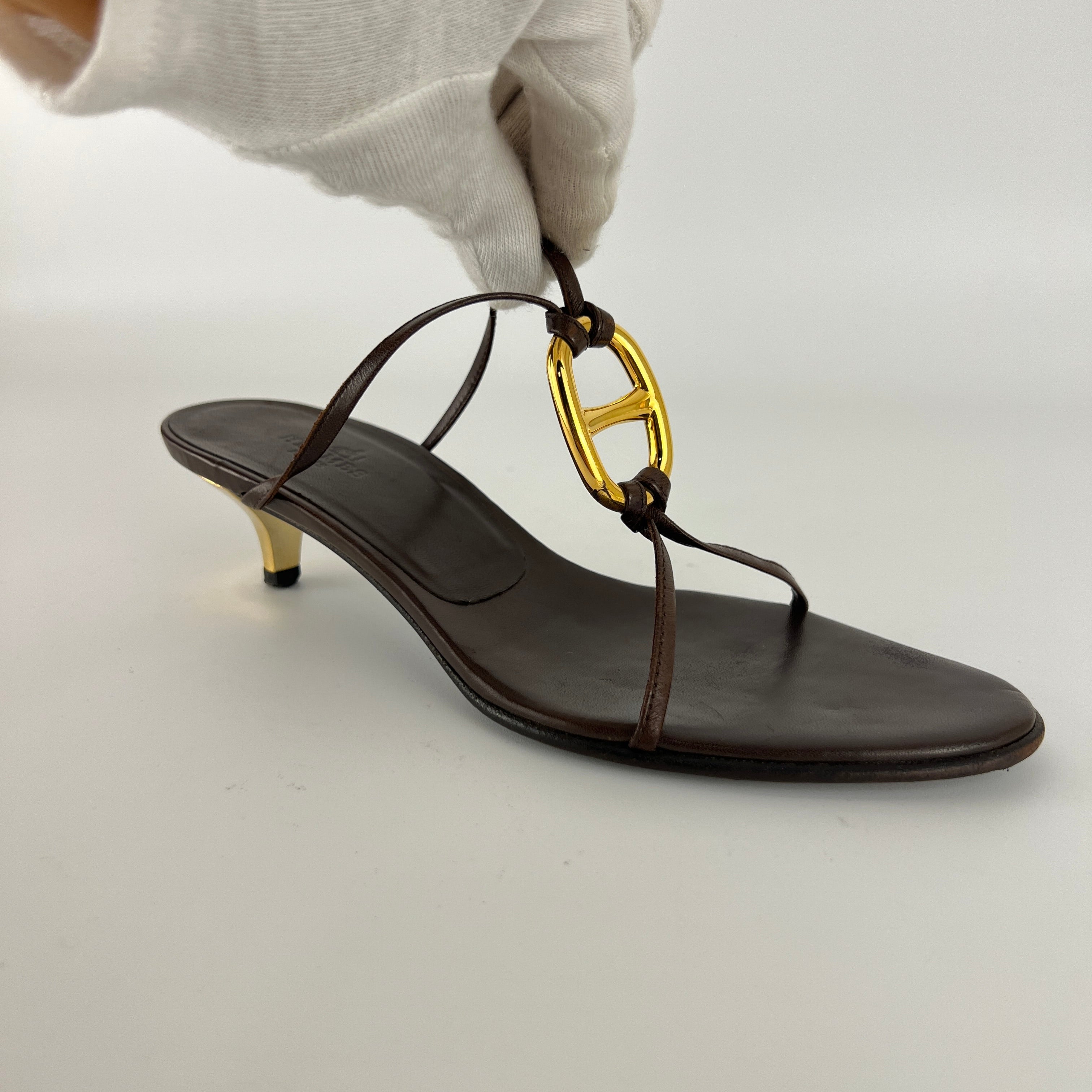 Hermes | Kala Brown Leather Gold Chaine d'Ancre Kitten Heel Sandal Mules (35)