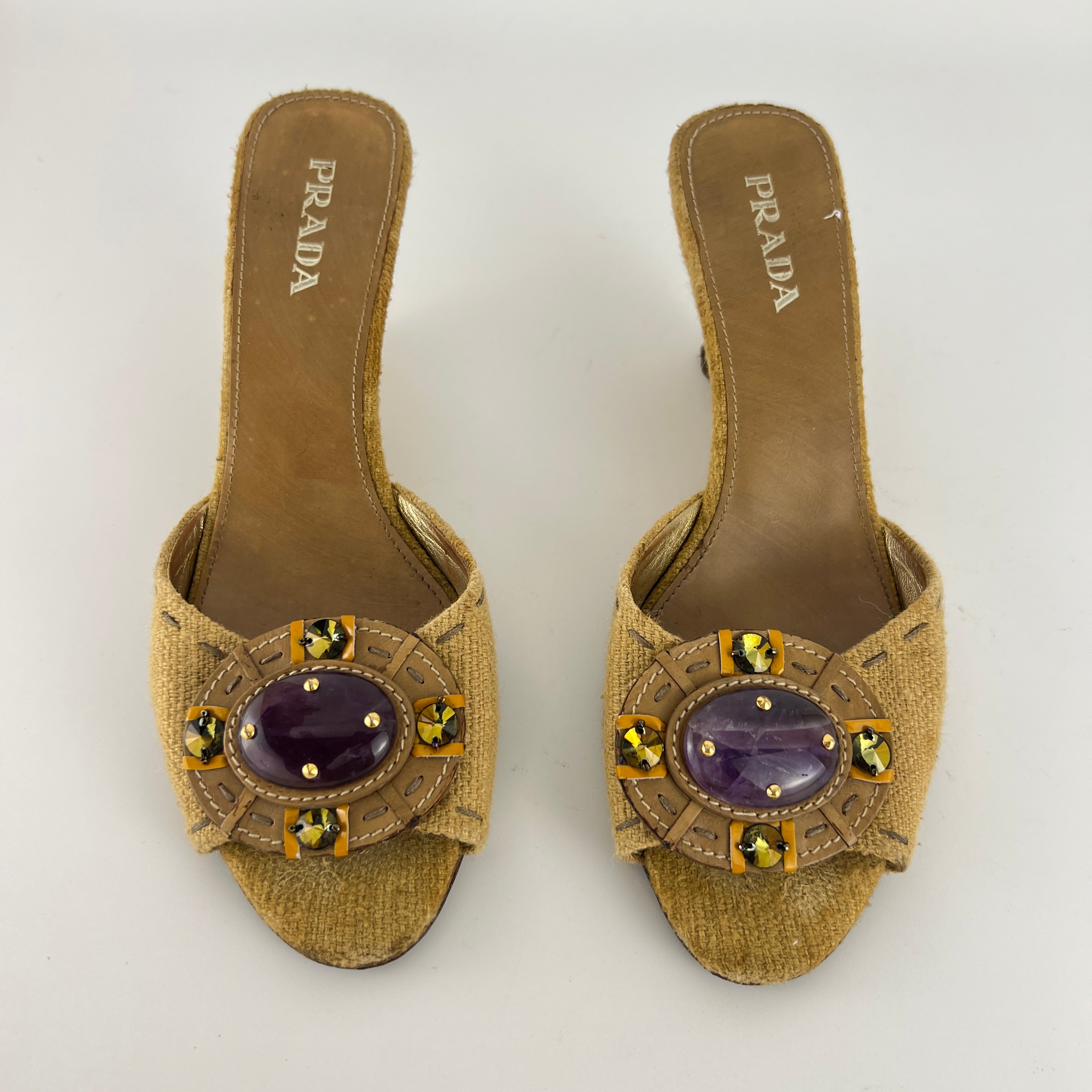 Prada | Vintage Burlap Purple Gem Wedge Mules (37.5)