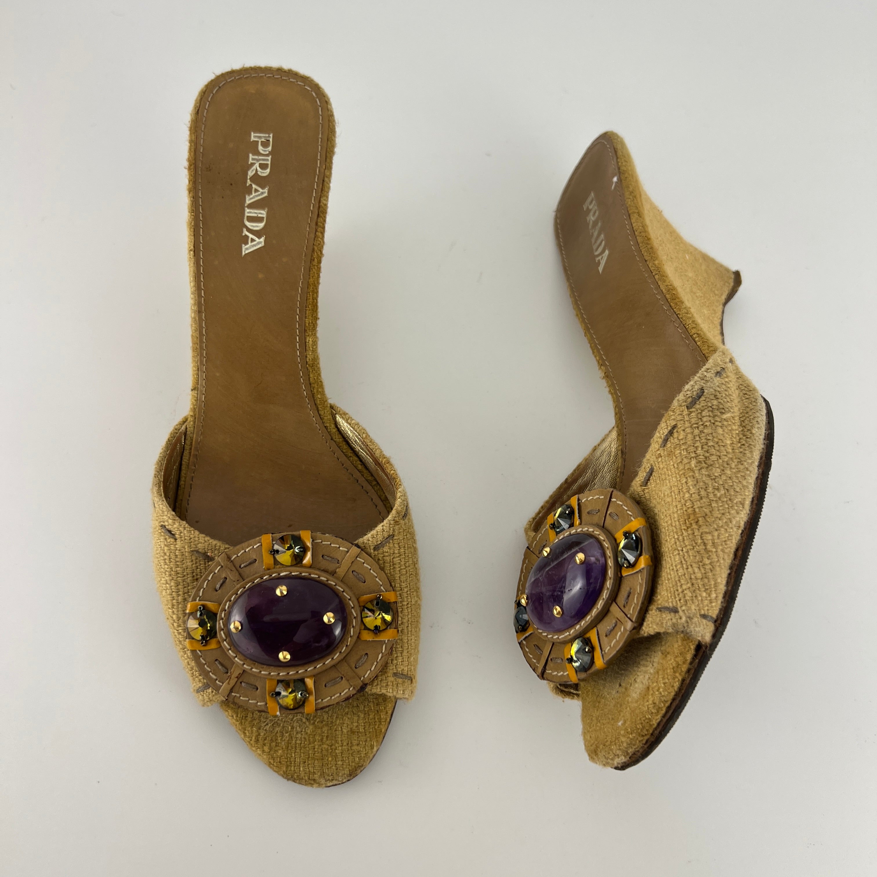 Prada | Vintage Burlap Purple Gem Wedge Mules (37.5)