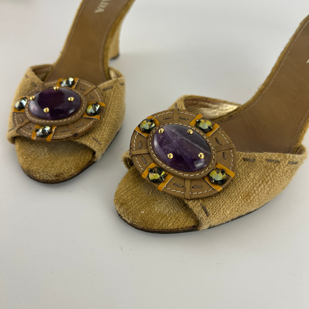Prada | Vintage Burlap Purple Gem Wedge Mules (37.5)