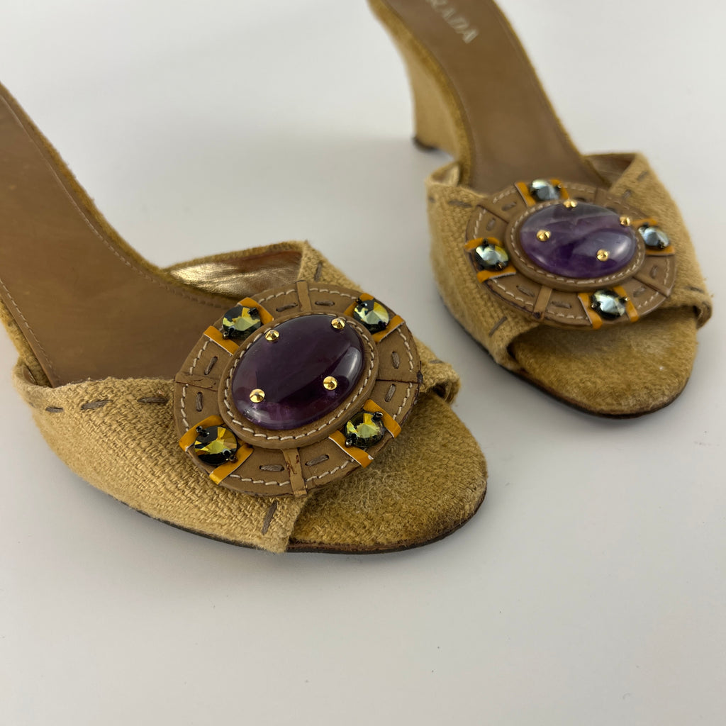 Prada | Vintage Burlap Purple Gem Wedge Mules (37.5)