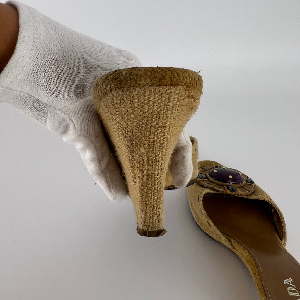 Prada | Vintage Burlap Purple Gem Wedge Mules (37.5)