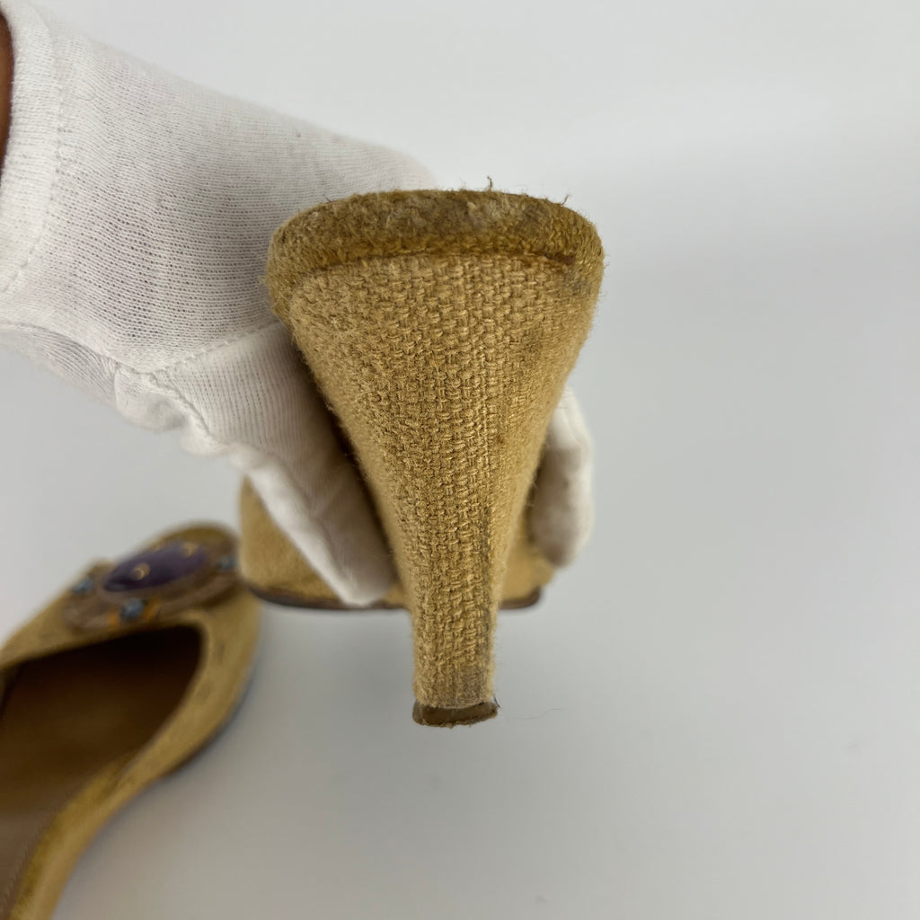 Prada | Vintage Burlap Purple Gem Wedge Mules (37.5)