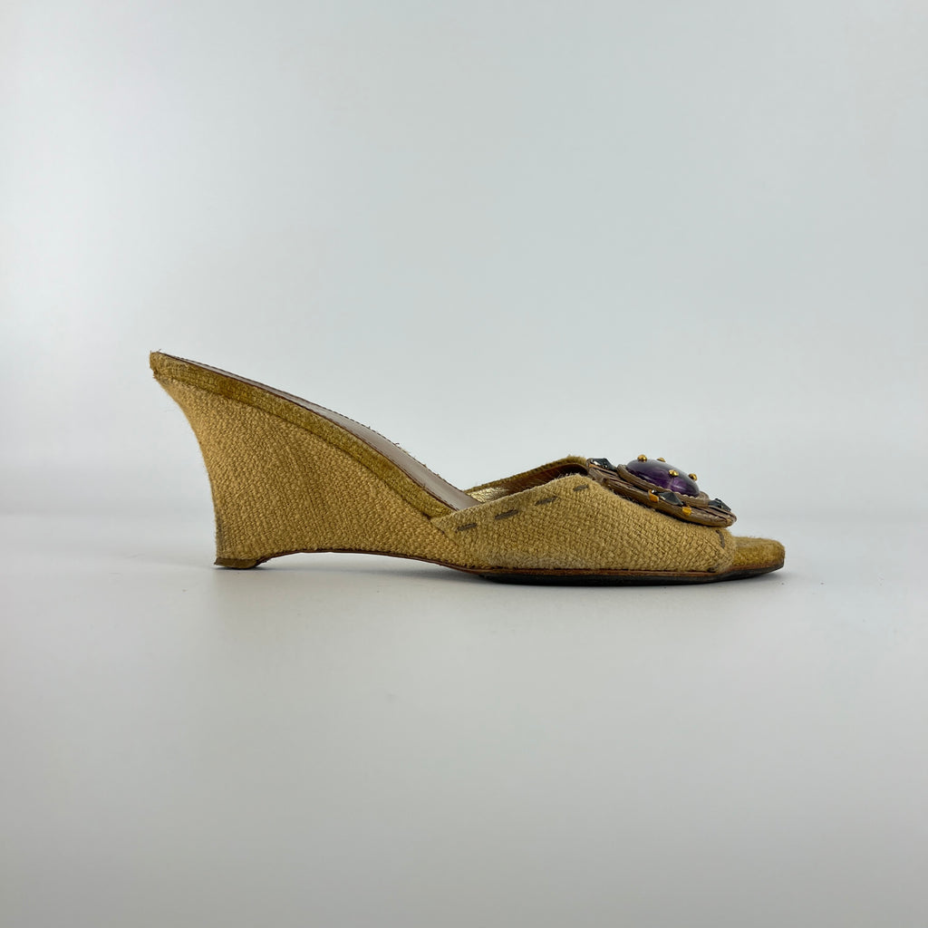 Prada | Vintage Burlap Purple Gem Wedge Mules (37.5)