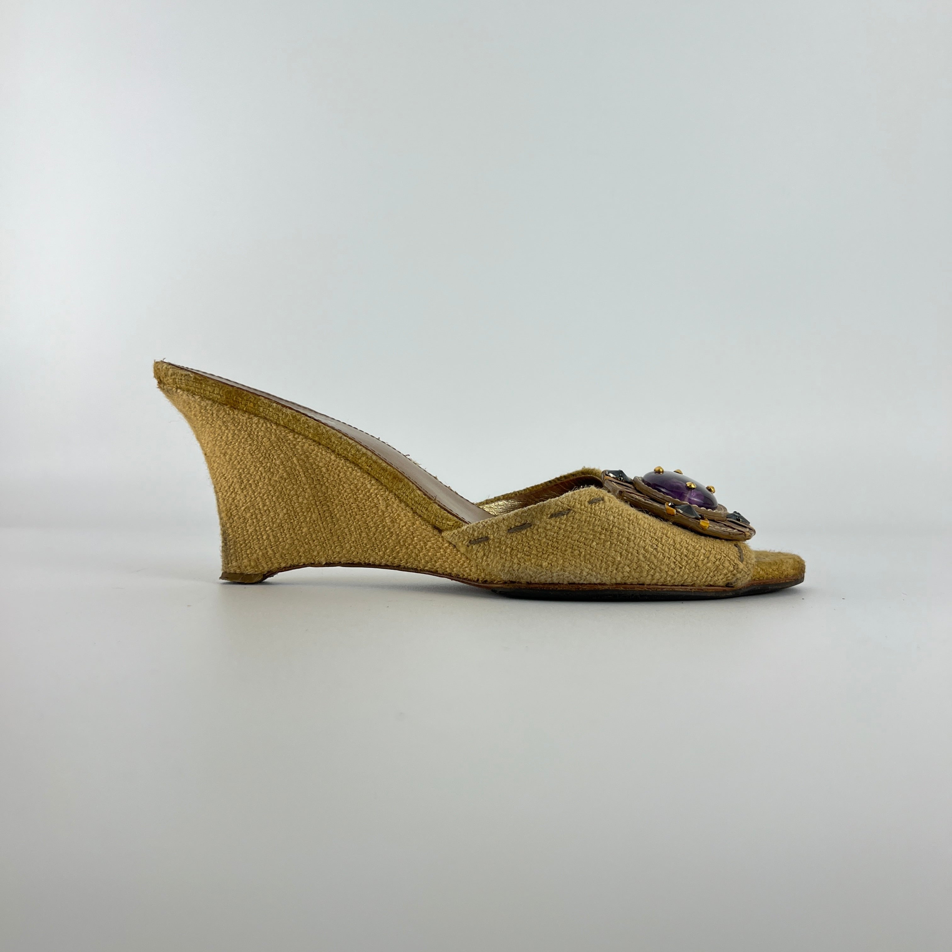 Prada | Vintage Burlap Purple Gem Wedge Mules (37.5)