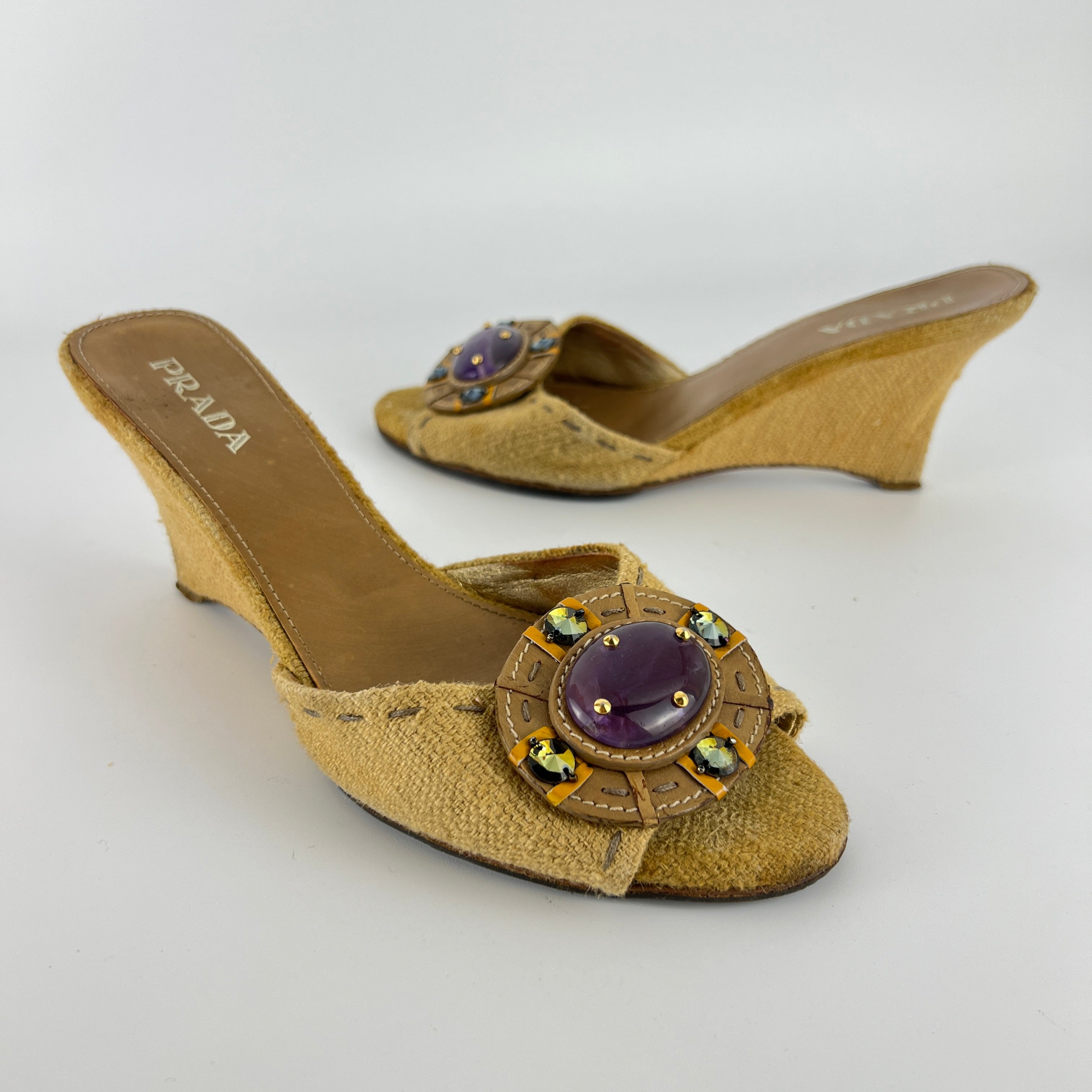 Prada | Vintage Burlap Purple Gem Wedge Mules (37.5)