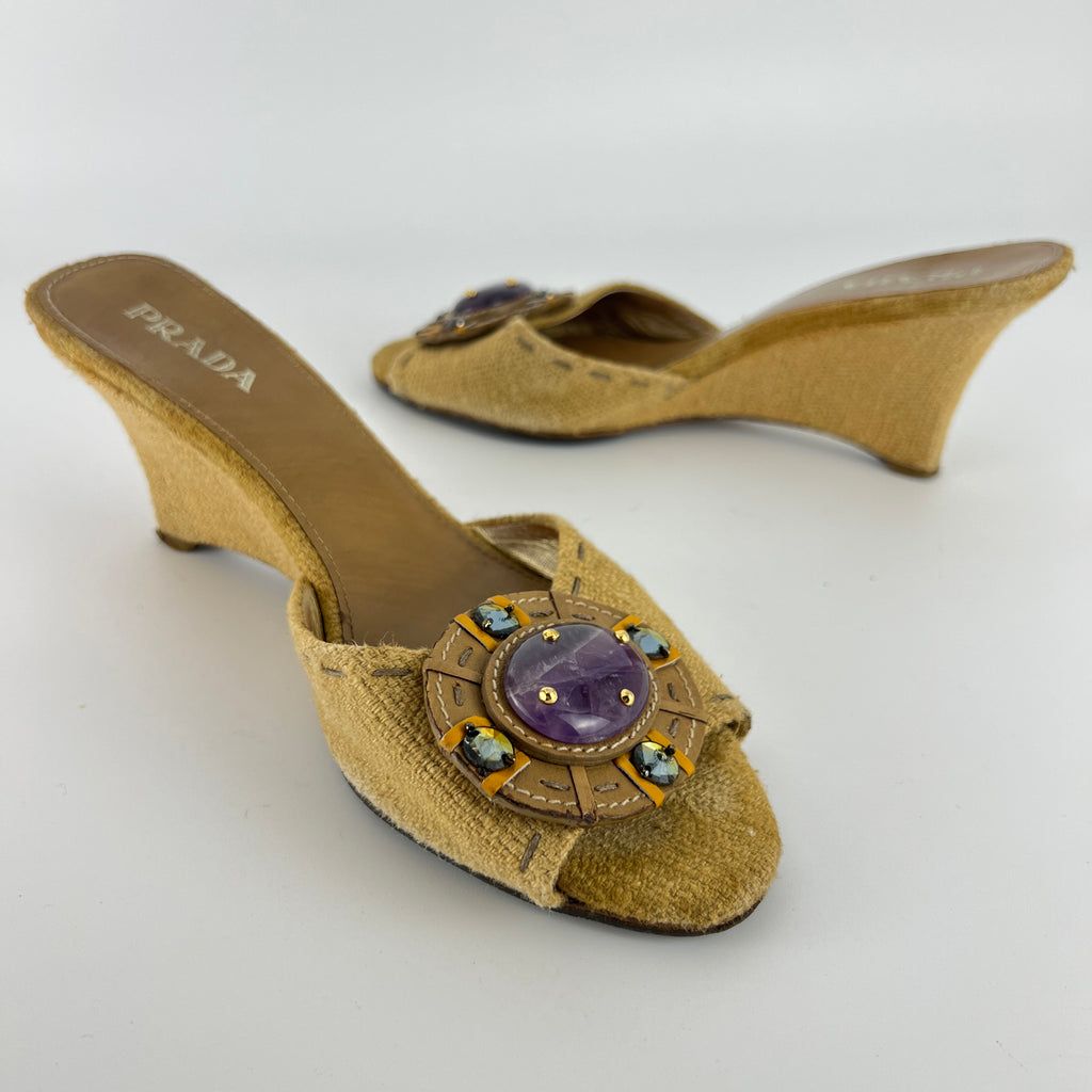 Prada | Vintage Burlap Purple Gem Wedge Mules (37.5)