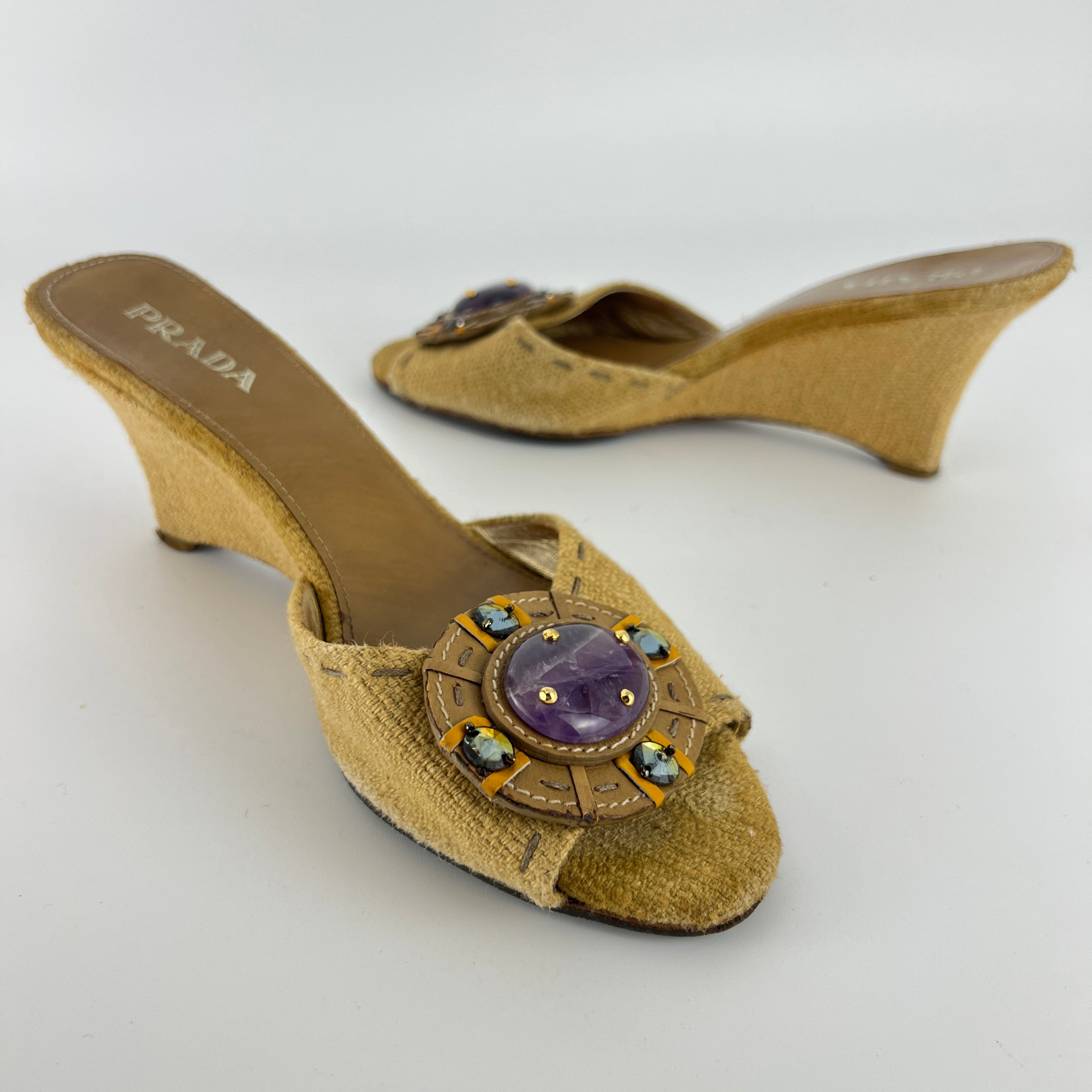 Prada | Vintage Burlap Purple Gem Wedge Mules (37.5)