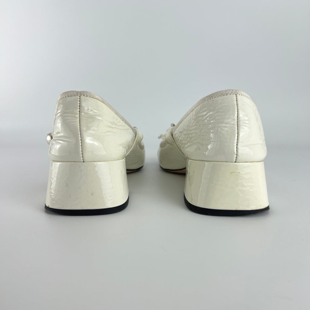 Miu Miu | White Black Patent Leather Pearl Strap Mary Jane (38)