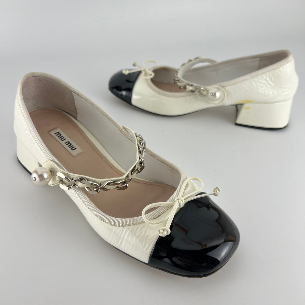 Miu Miu | White Black Patent Leather Pearl Strap Mary Jane (38)