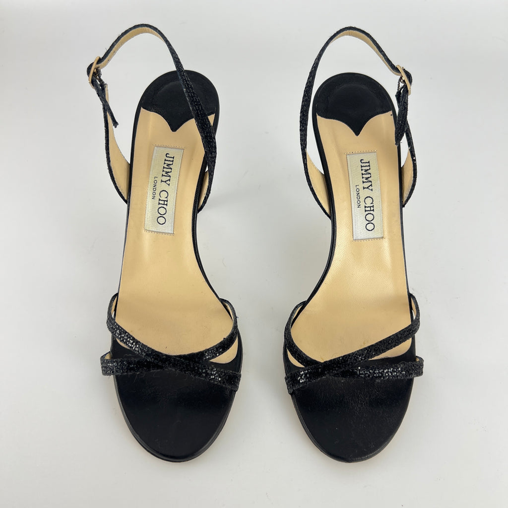 Jimmy Choo | Black Sparkly Leather Strappy Slingback Sandal Heels (39)