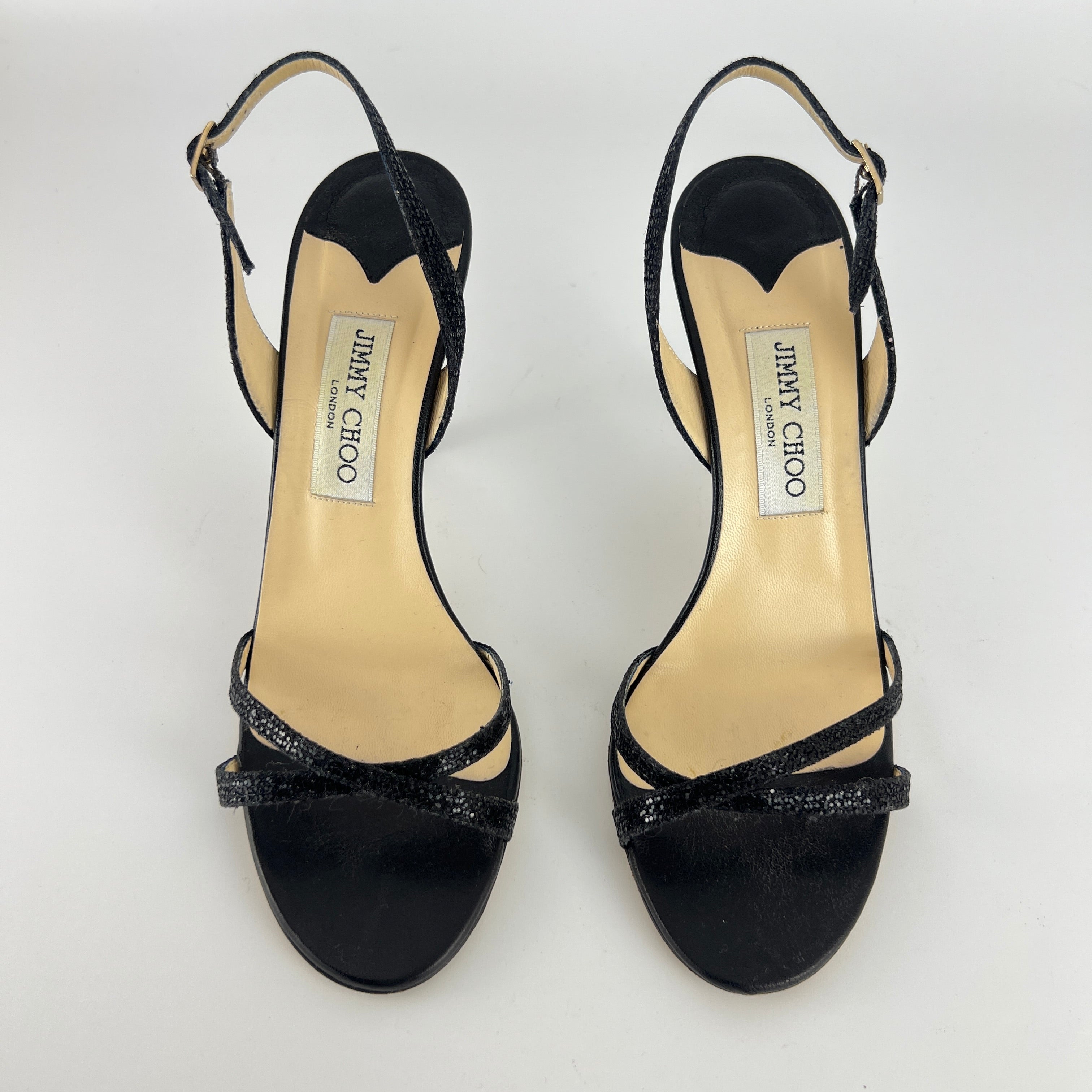 Jimmy Choo | Black Sparkly Leather Strappy Slingback Sandal Heels (39)