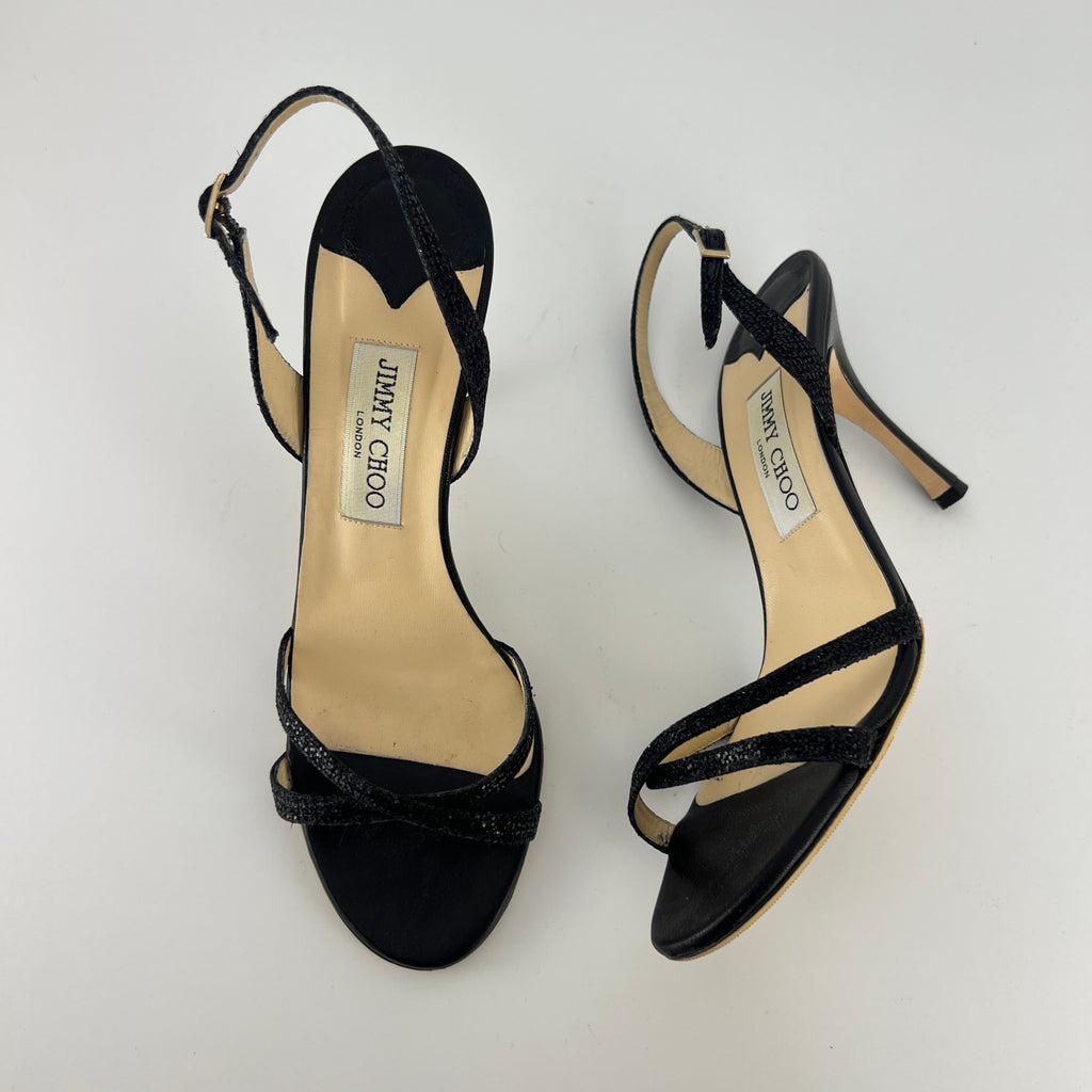 Jimmy Choo | Black Sparkly Leather Strappy Slingback Sandal Heels (39)
