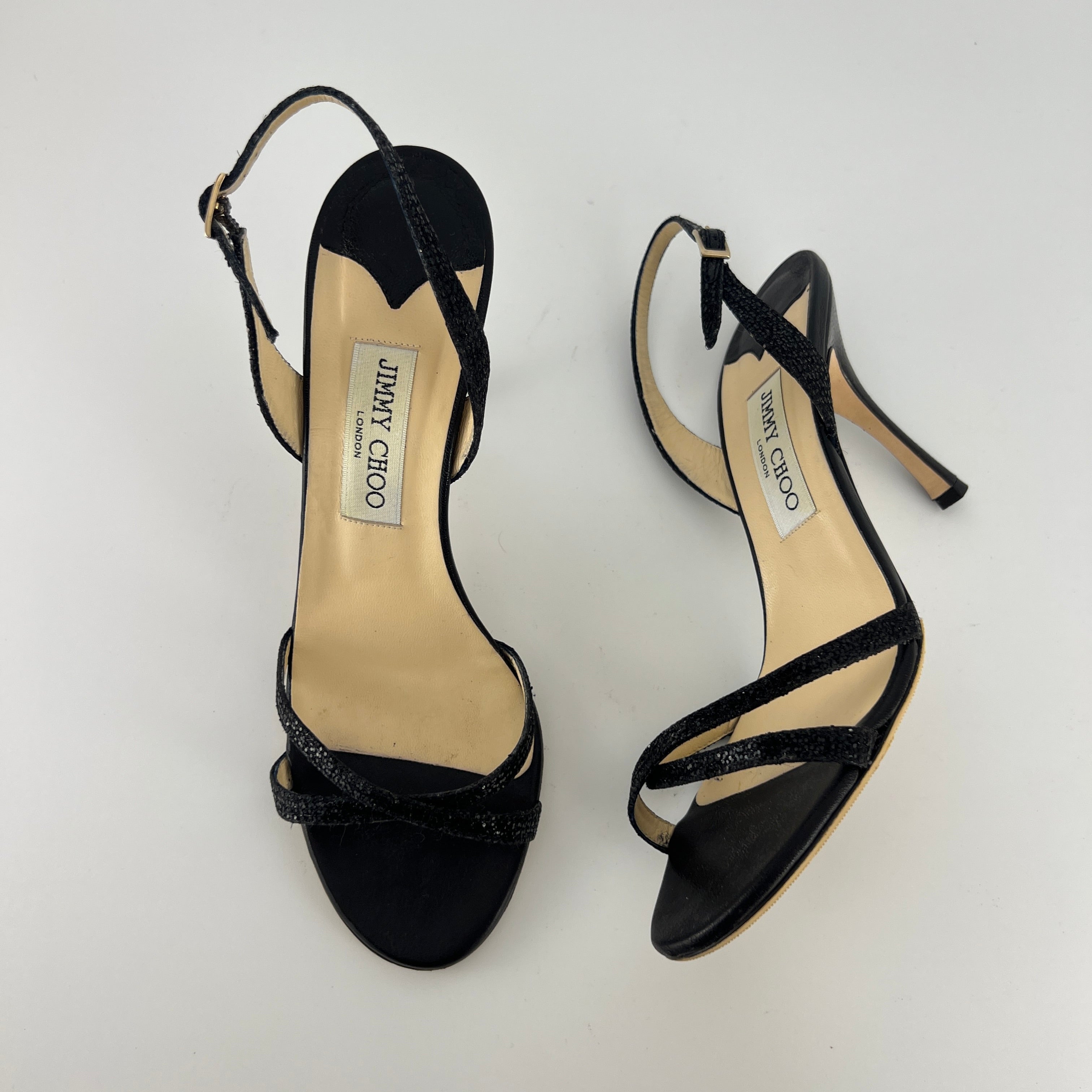 Jimmy Choo | Black Sparkly Leather Strappy Slingback Sandal Heels (39)