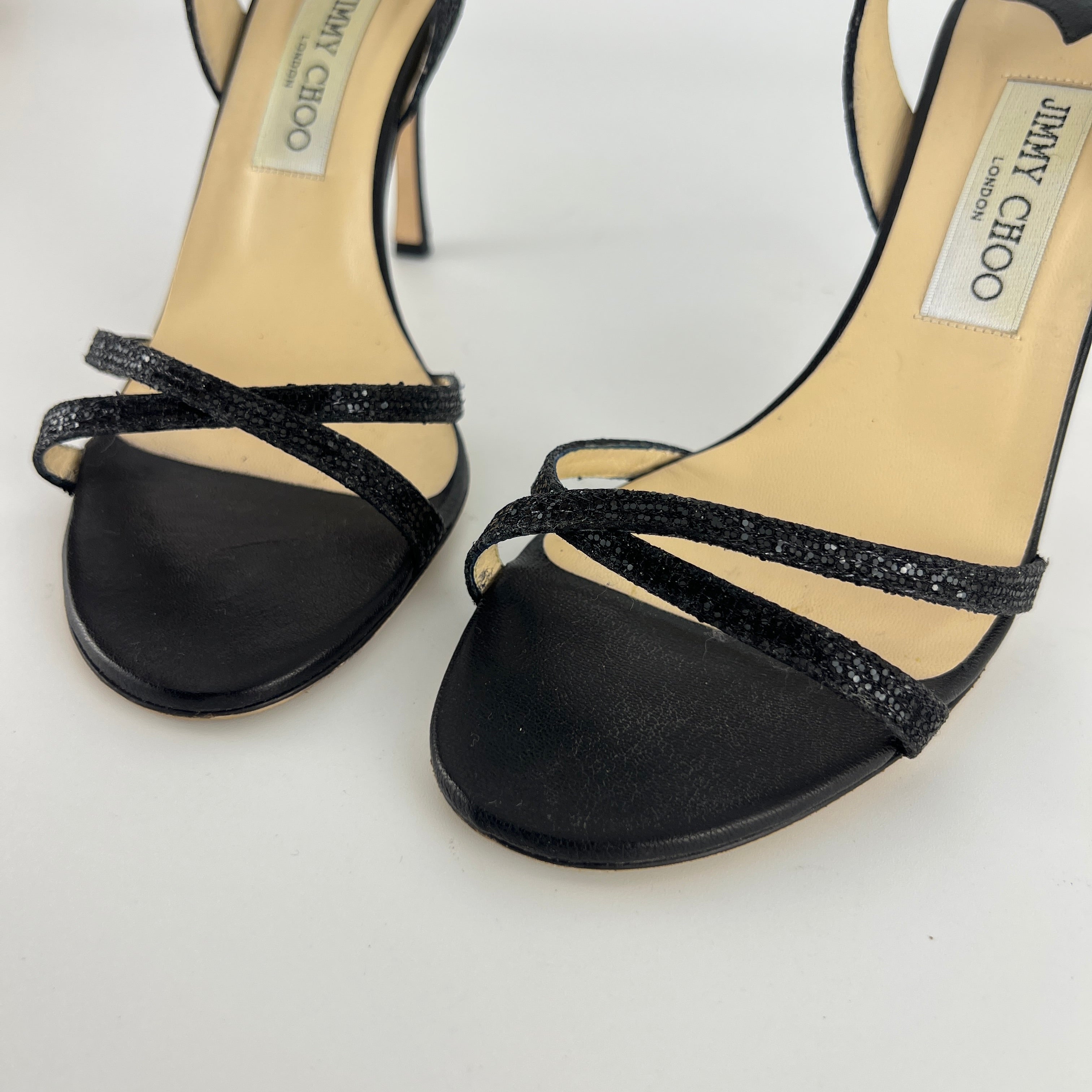 Jimmy Choo | Black Sparkly Leather Strappy Slingback Sandal Heels (39)
